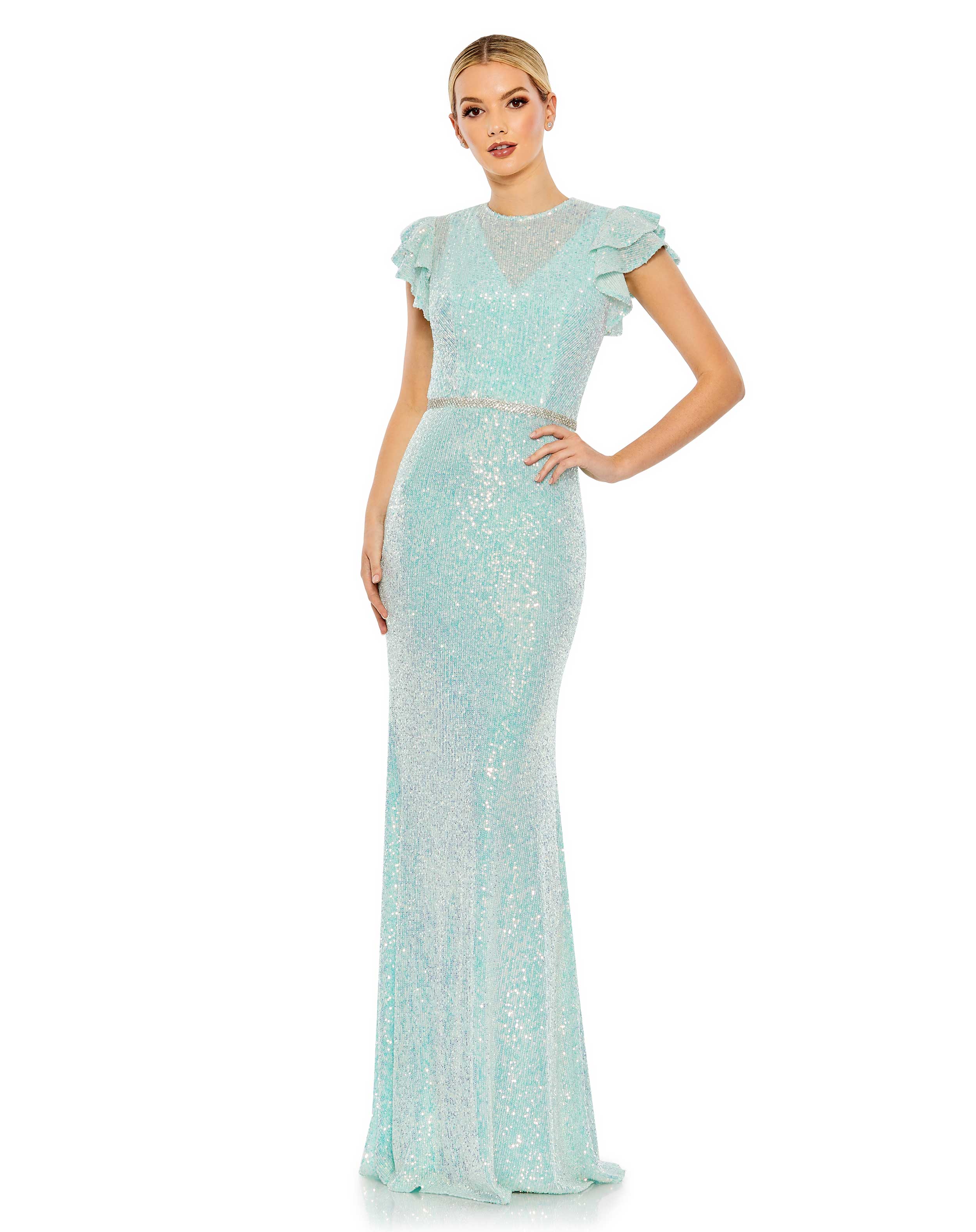 Sequined High Neck Flutter Sleeve Gown
