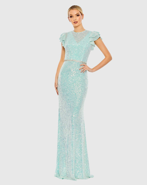 Sequined High Neck Flutter Sleeve Gown