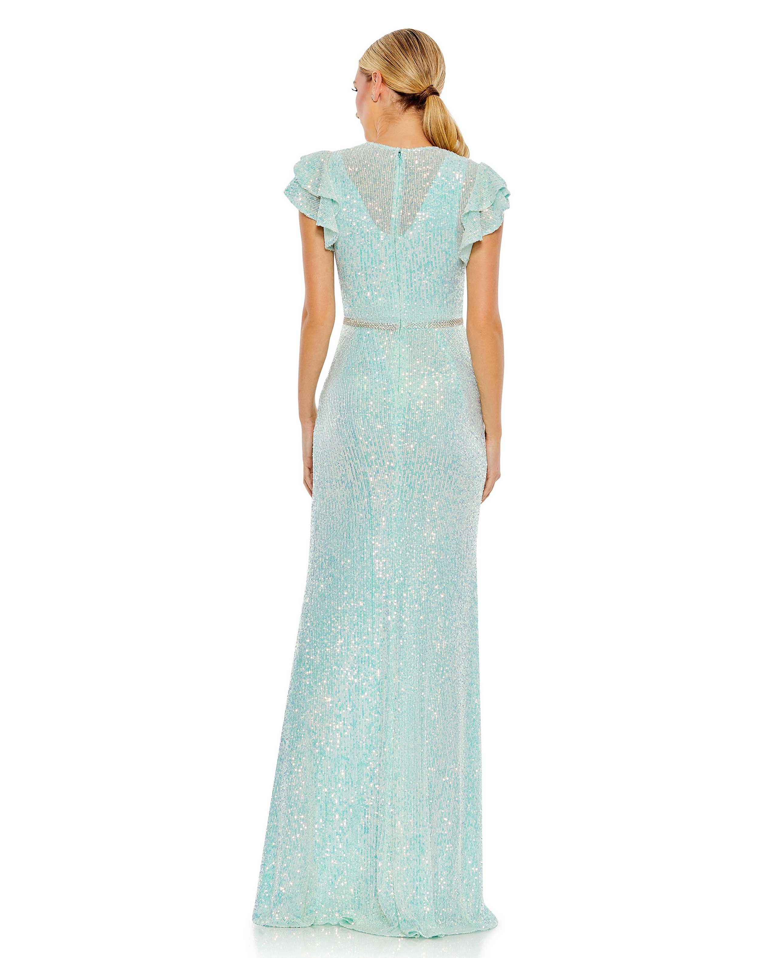 Sequined High Neck Flutter Sleeve Gown