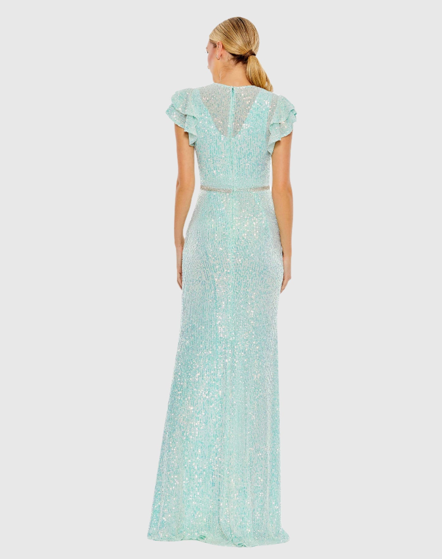 Sequined High Neck Flutter Sleeve Gown