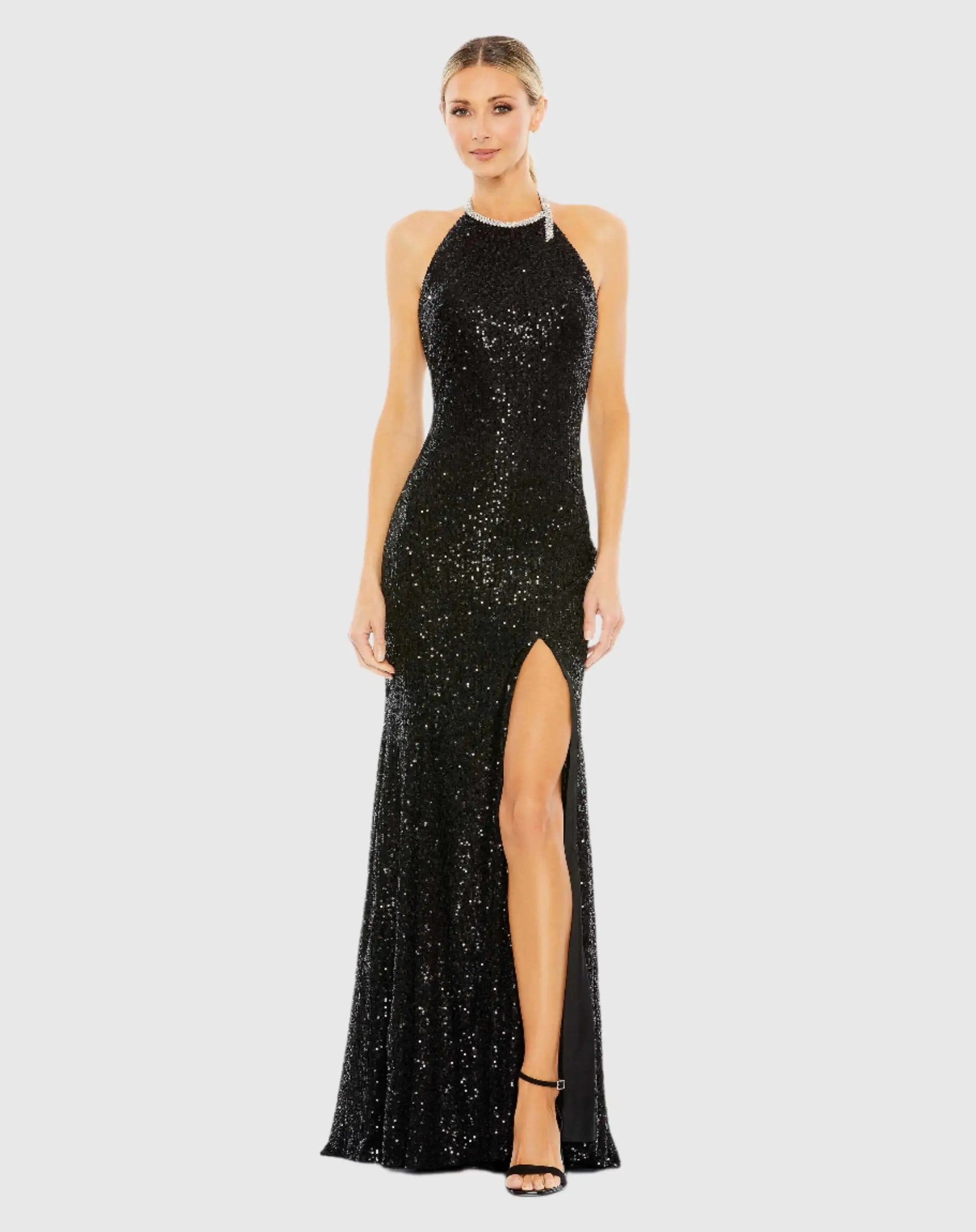 Black Sequined High Neck Rhinestone Trim Column Gown - Mac Duggal Black Sequined High Neck Rhinestone Trim Column Gown - Mac Duggal