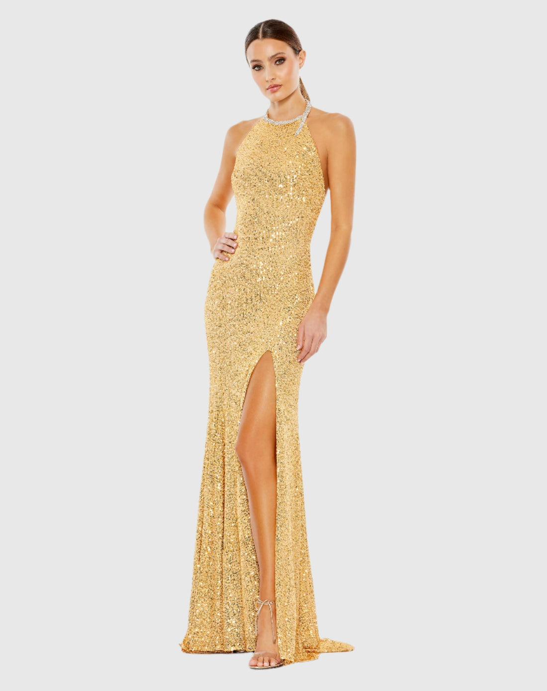 Sequined High Neck Rhinestone Trim Column Gown