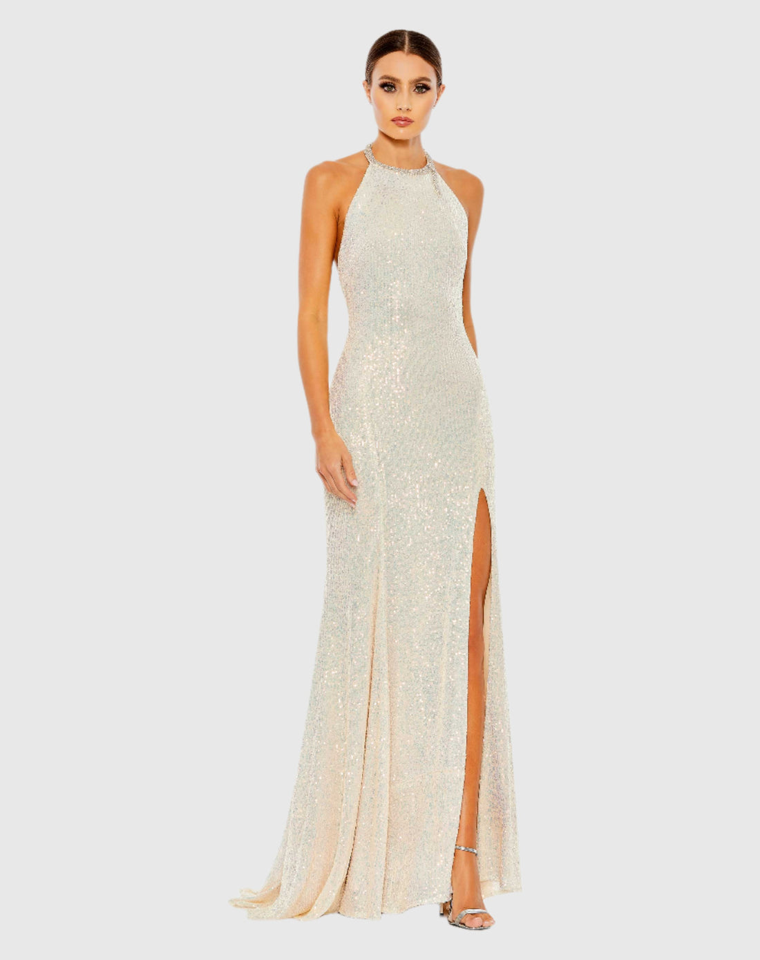 Sequined High Neck Rhinestone Trim Column Gown