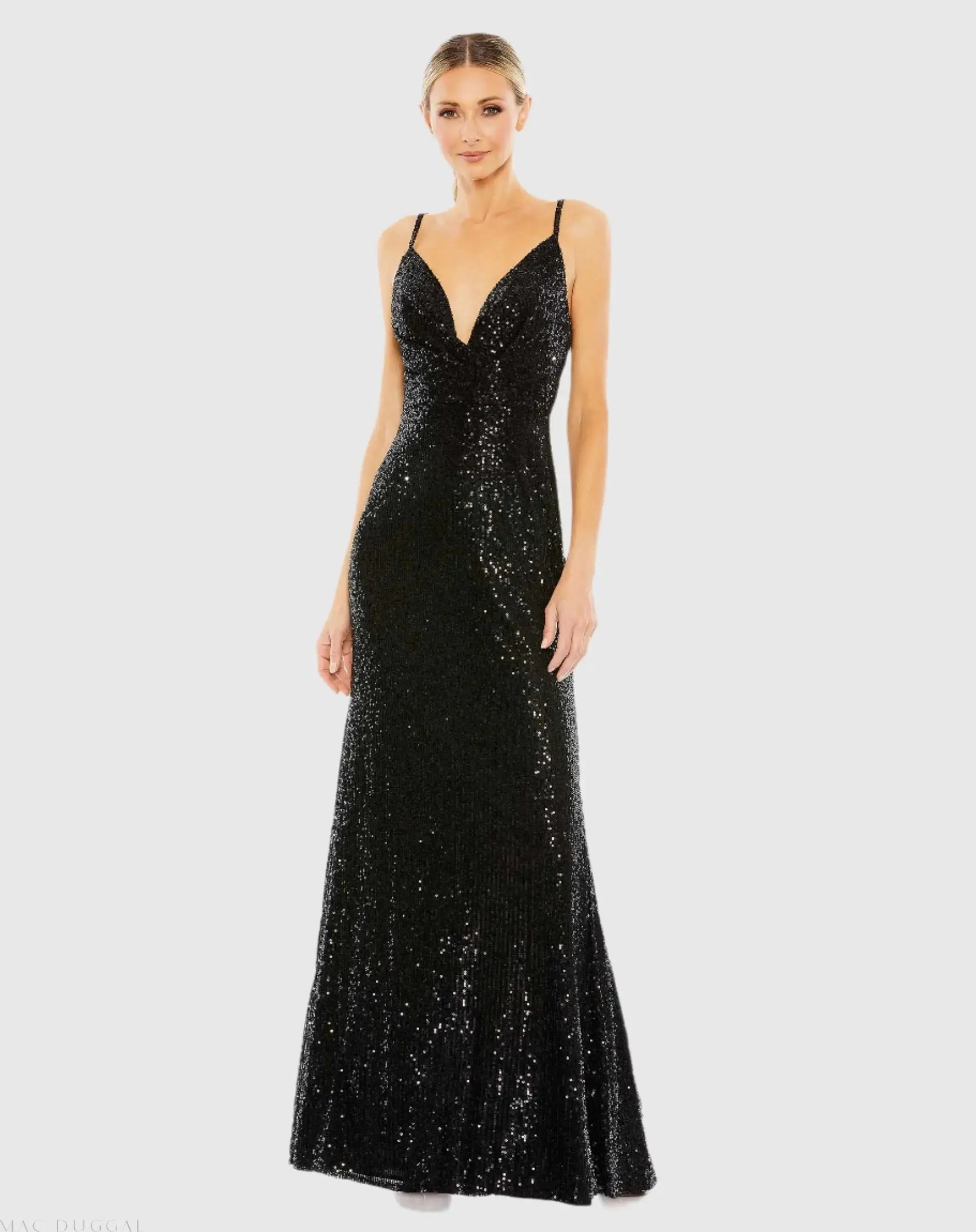 Black Sequined Draped V Neck Gown - Ieena for Mac Duggal