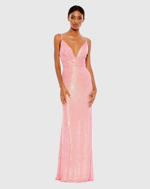 Sequined Draped V Neck Gown