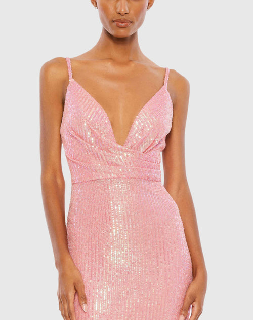 Sequined Draped V Neck Gown