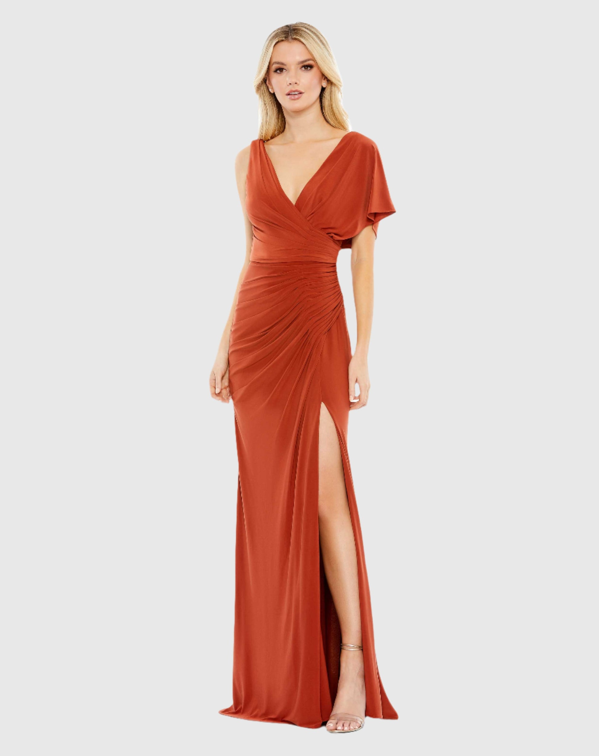 One Shoulder Sleeve Scoop Back Jersey Gown