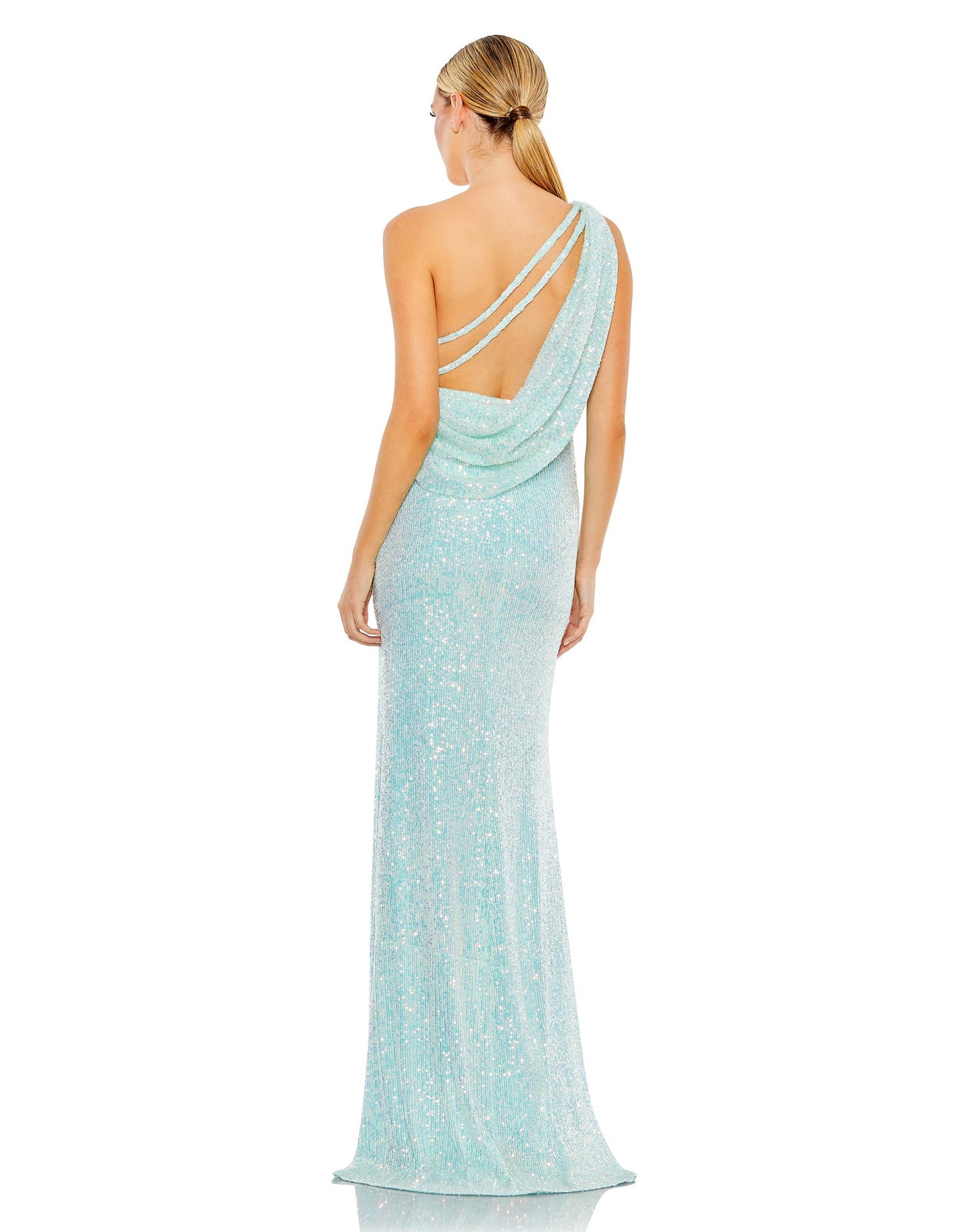 Sequined One Shoulder Draped Back Gown