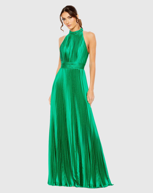 Pleated High Neck Satin Sleeveless Halter Gown