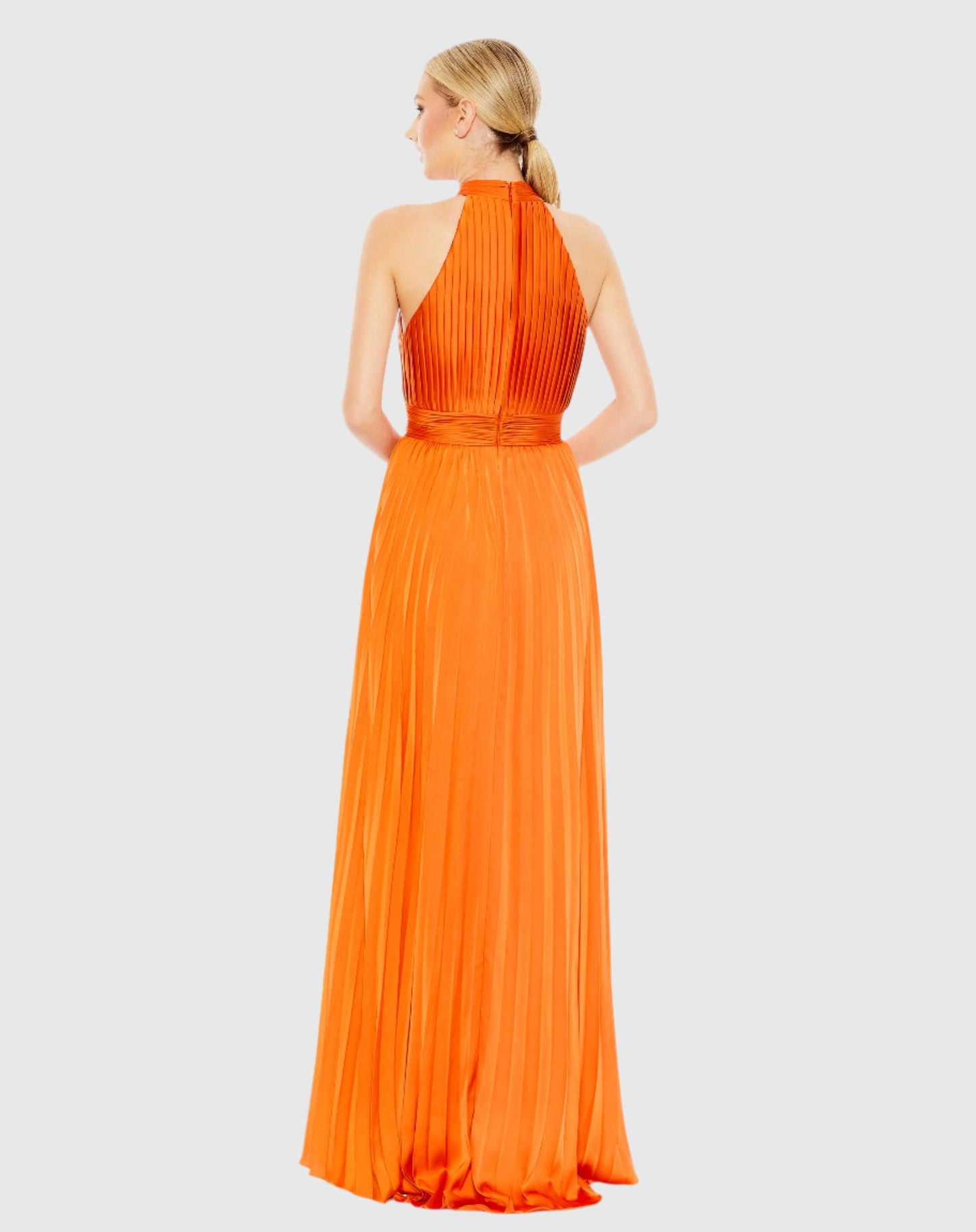 Pleated High Neck Satin Sleeveless Halter Gown