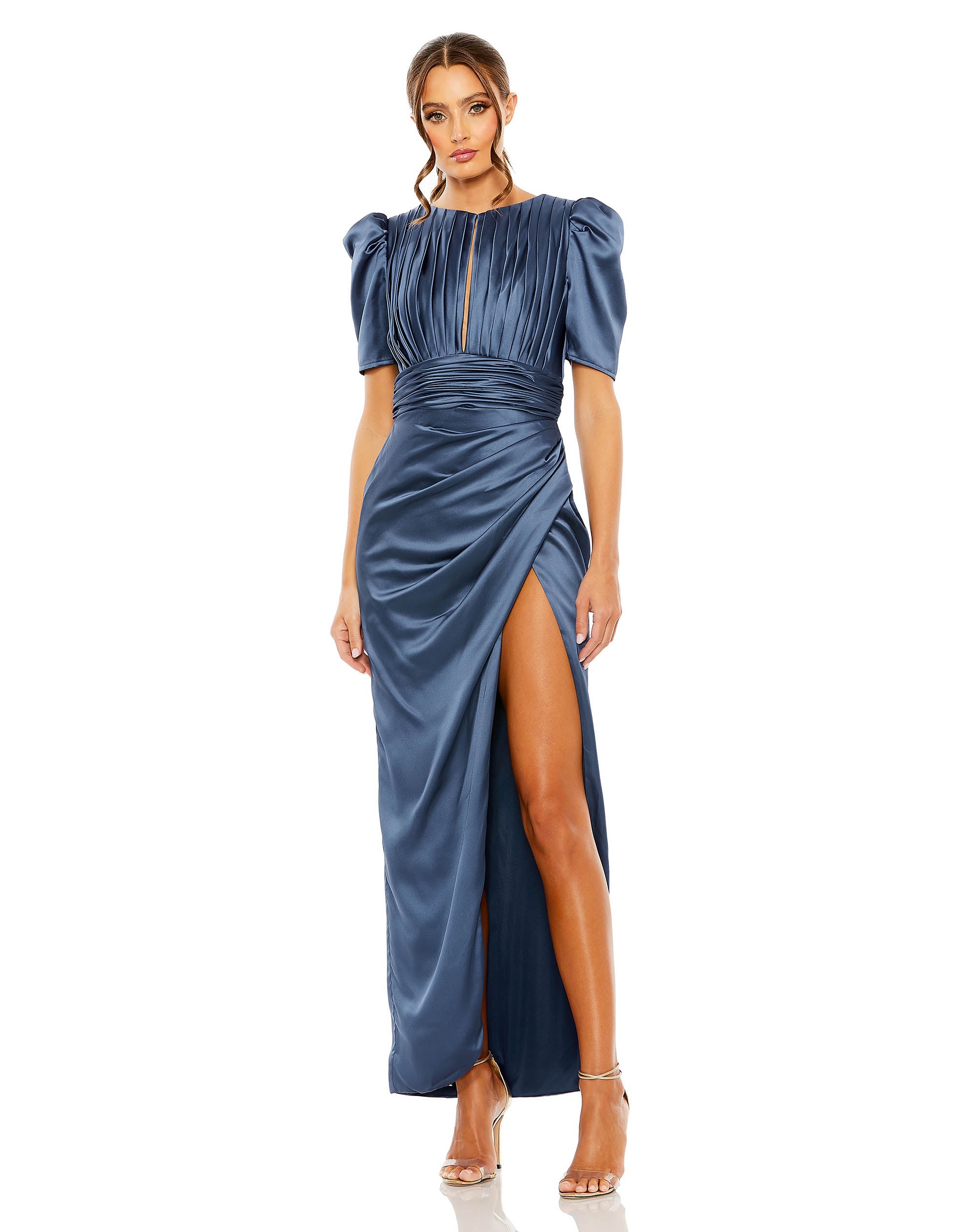 Puff Sleeve Pleated Bodice Draped Gown