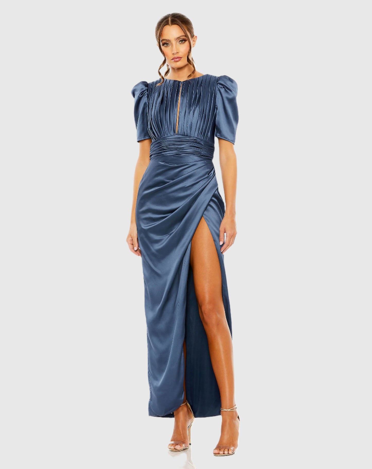 Puff Sleeve Pleated Bodice Draped Gown