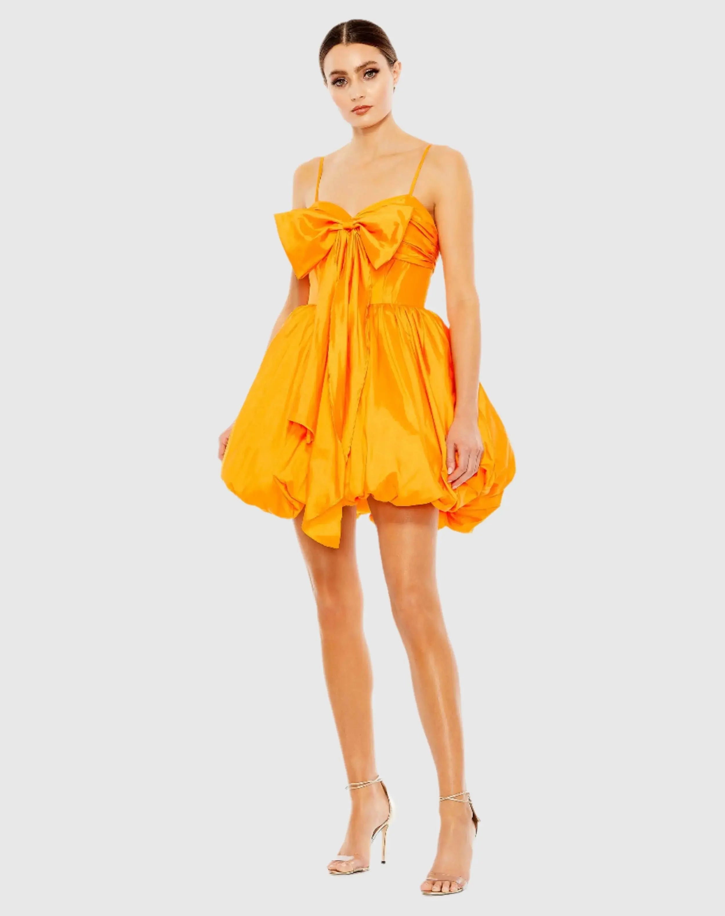 Orange Spaghetti Strap Center Bow Balloon Mini Dress - Mac Duggal
