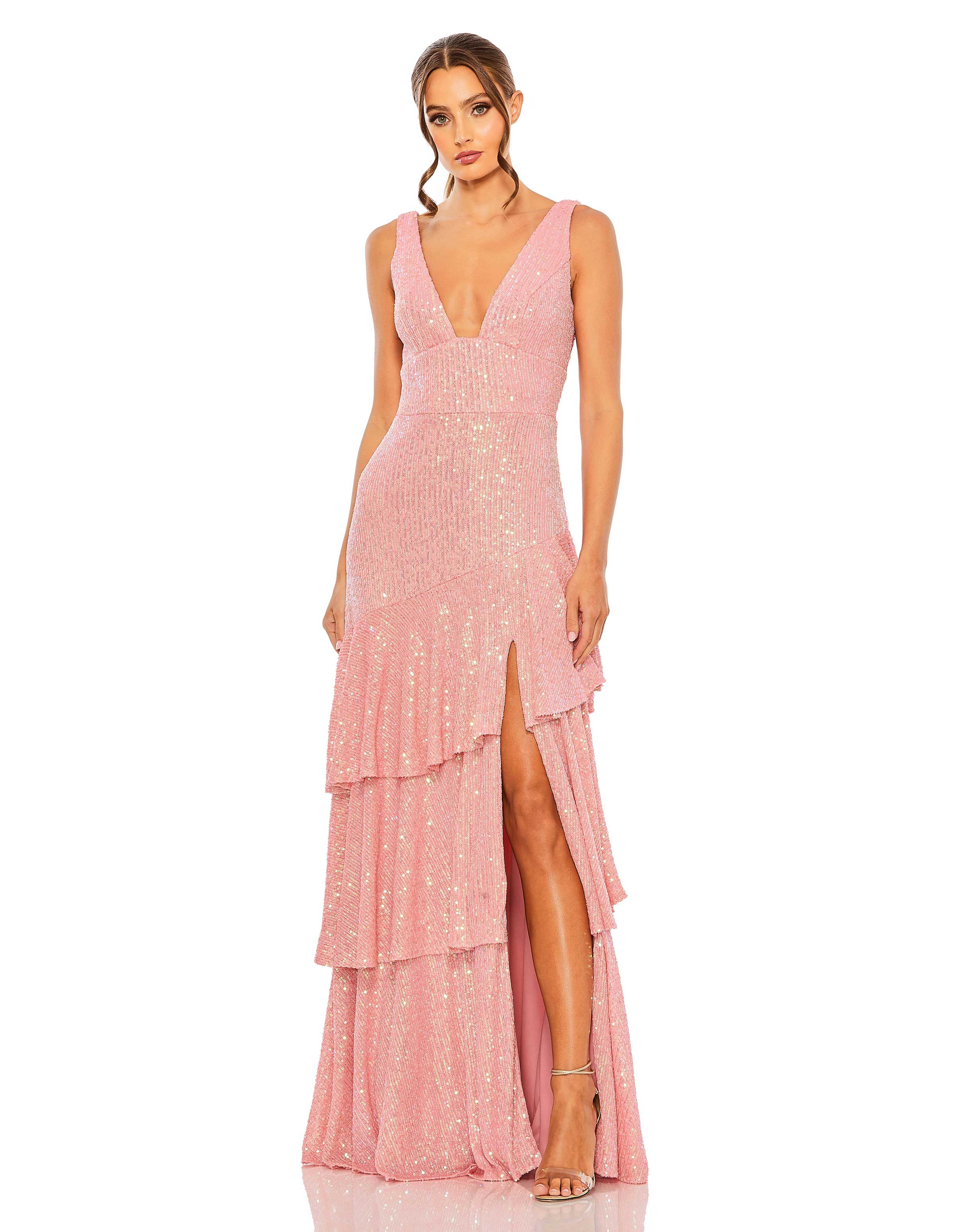 Sequin Asymmetrical Ruffle Tiered Gown
