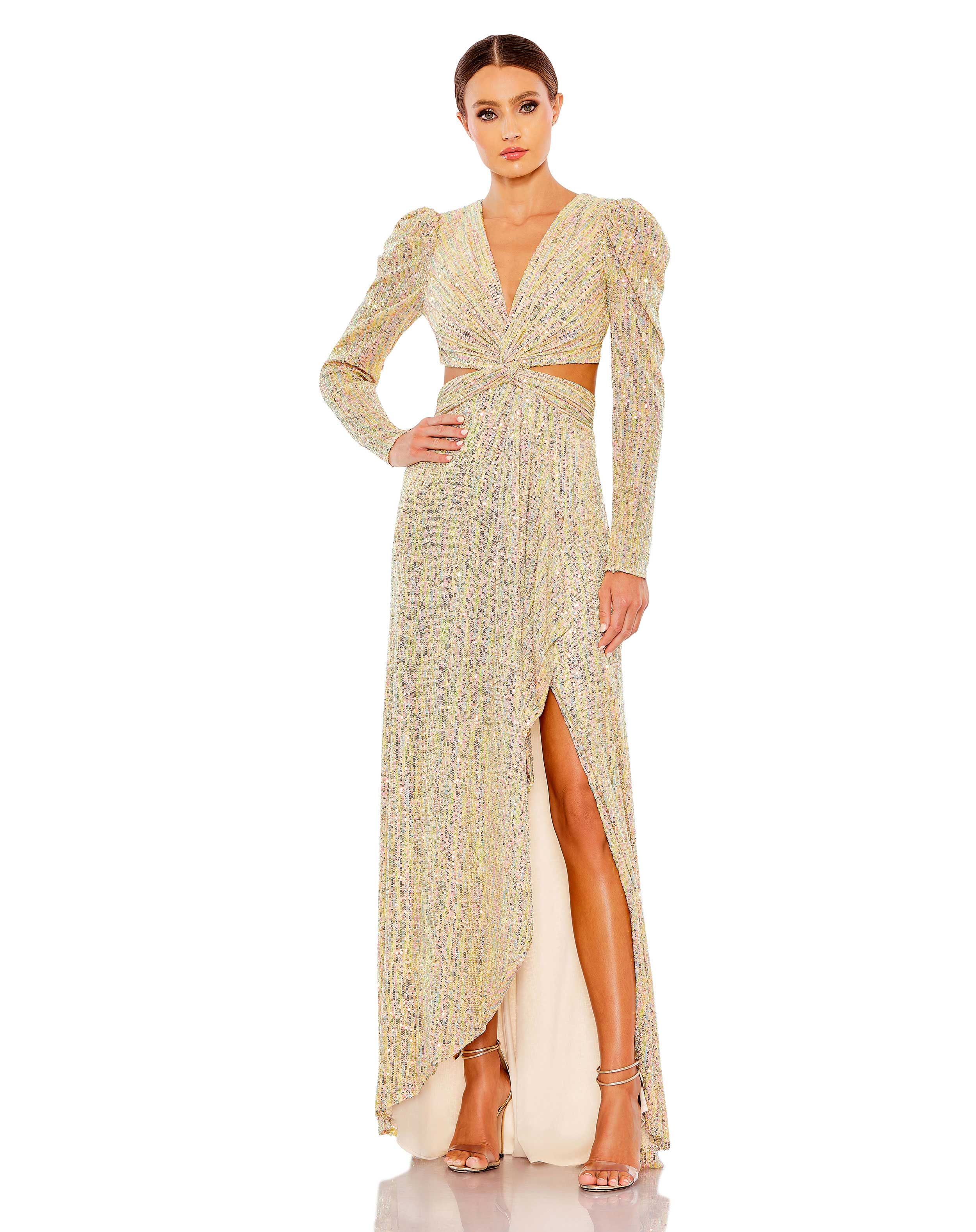 Metallic Puff Sleeve Front Twist Cut Out Gown - FINAL SALE
