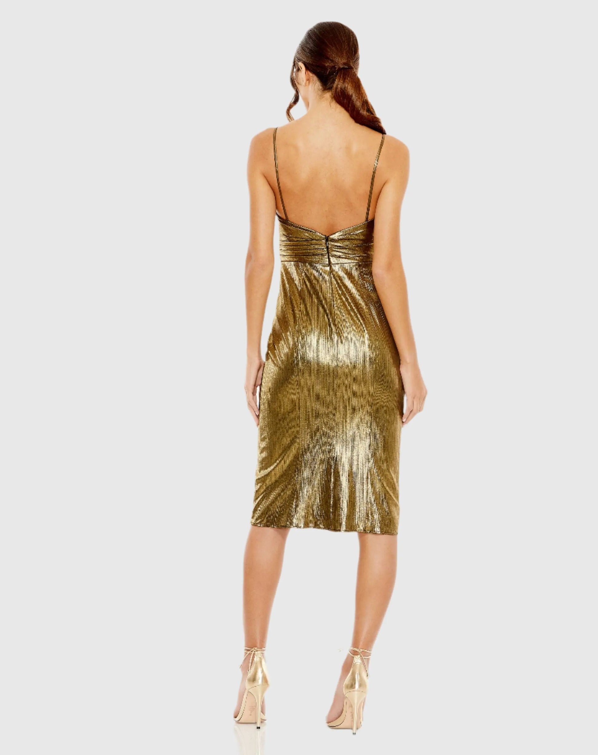 Gold Metallic V Neck Midi Dress - Ieena for Mac Duggal