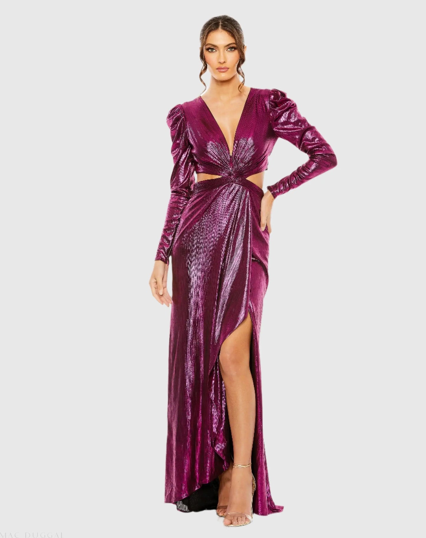 Purple Princess Sleeve Cut Out Metallic Gown - Ieena for Mac Duggal