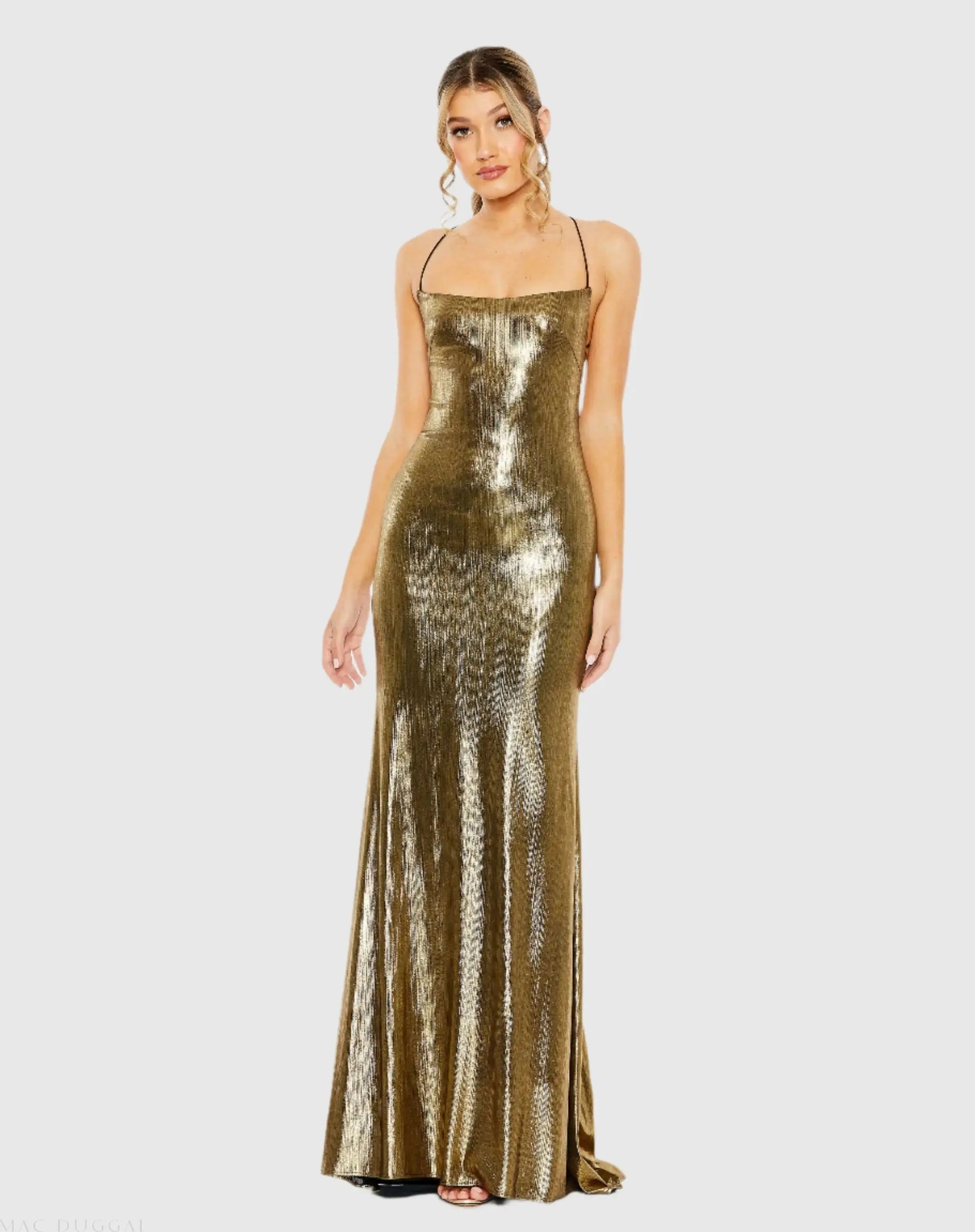 Gold Metallic Corset Back Column Gown - Mac Duggal Gold Metallic Corset Back Column Gown - Mac Duggal
