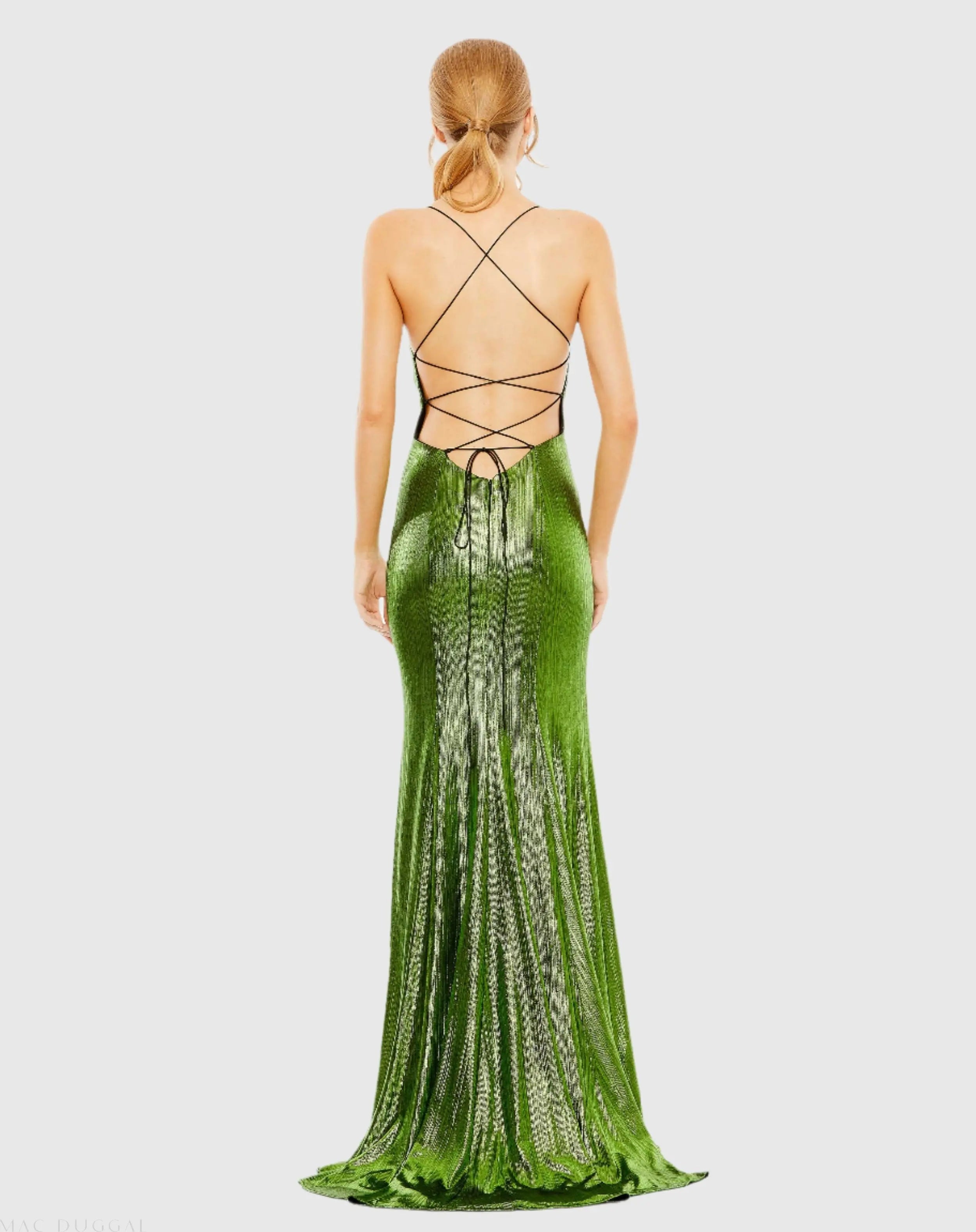 Green Metallic Corset Back Column Gown - Mac Duggal Green Metallic Corset Back Column Gown - Mac Duggal