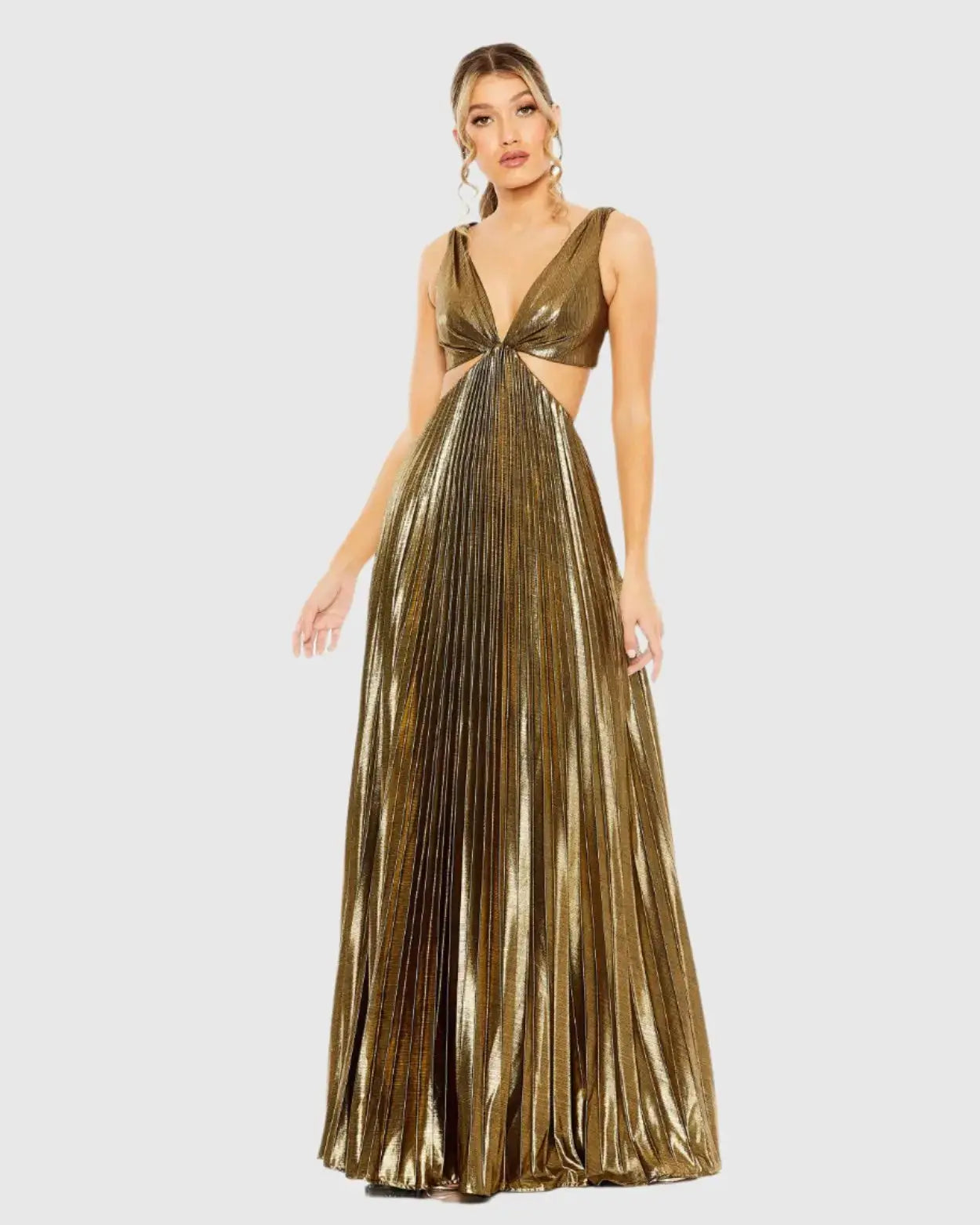 Gold Pleated Metallic Cutout Gown - Ieena for Mac Duggal