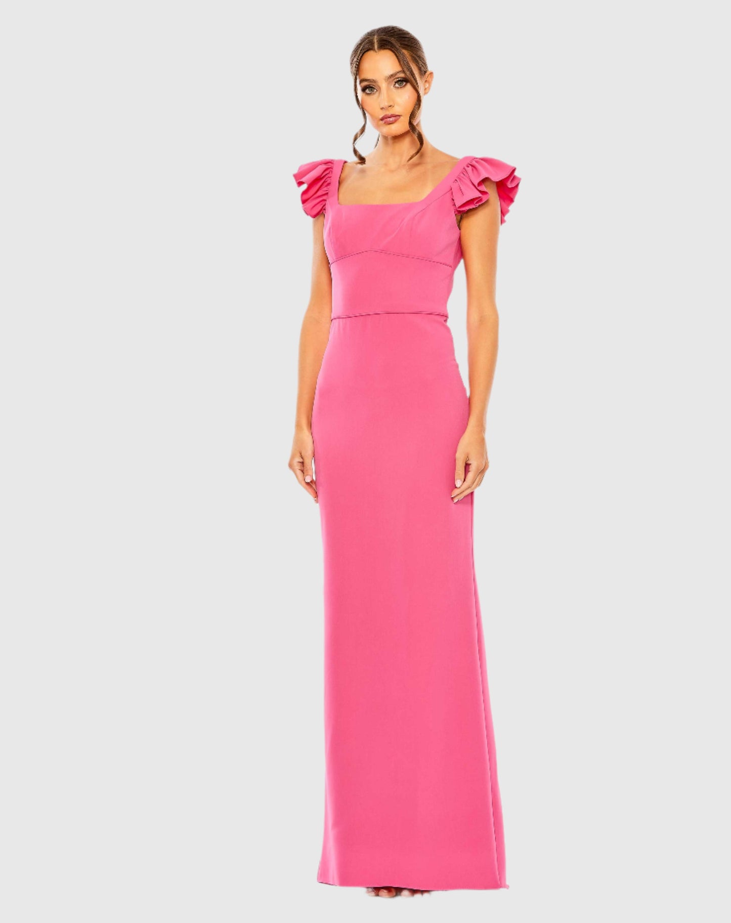 Ruffle Cap Sleeve Open Back Column Gown