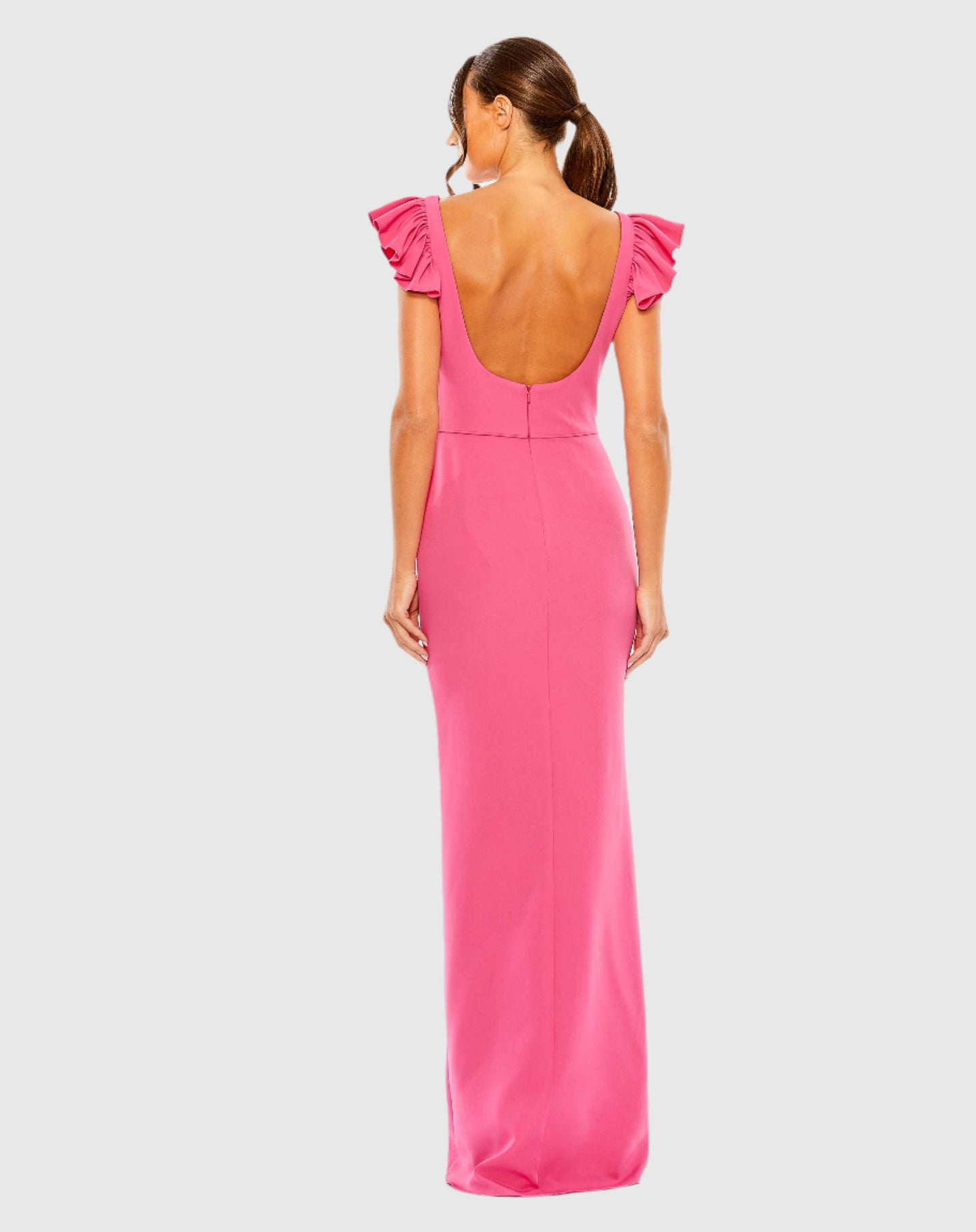 Ruffle Cap Sleeve Open Back Column Gown