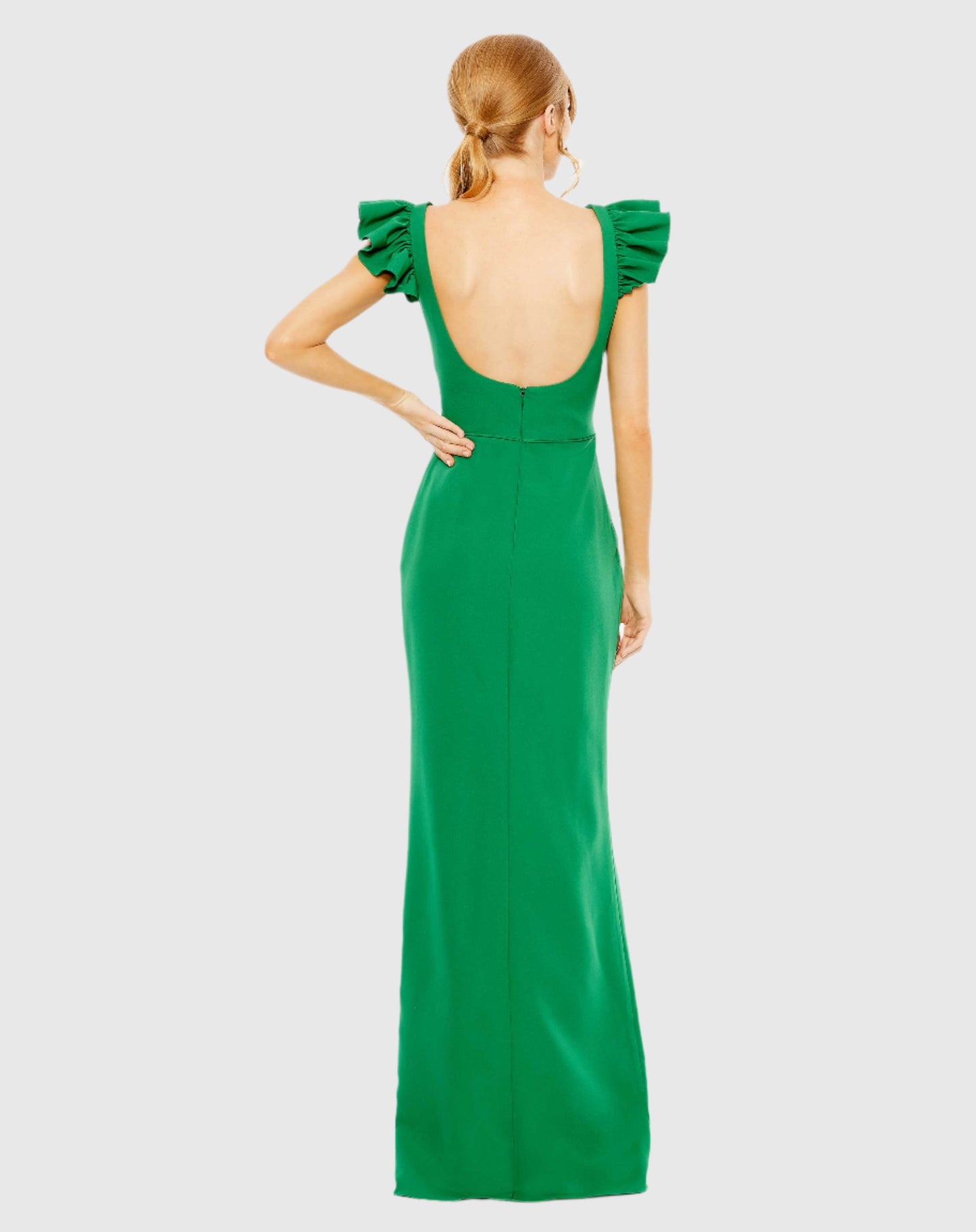 Ruffle Cap Sleeve Open Back Column Gown