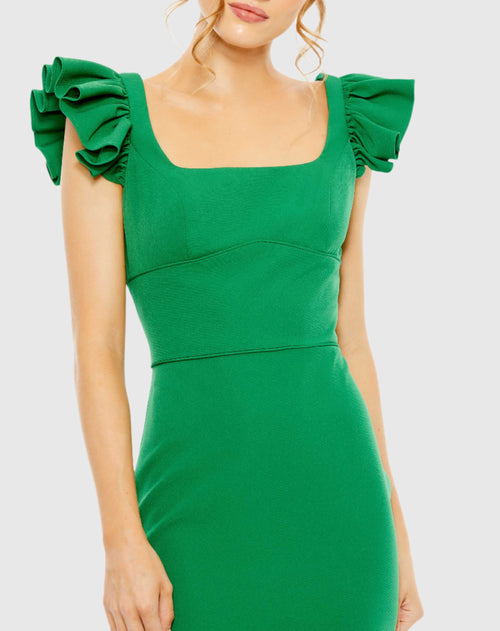 Ruffle Cap Sleeve Open Back Column Gown