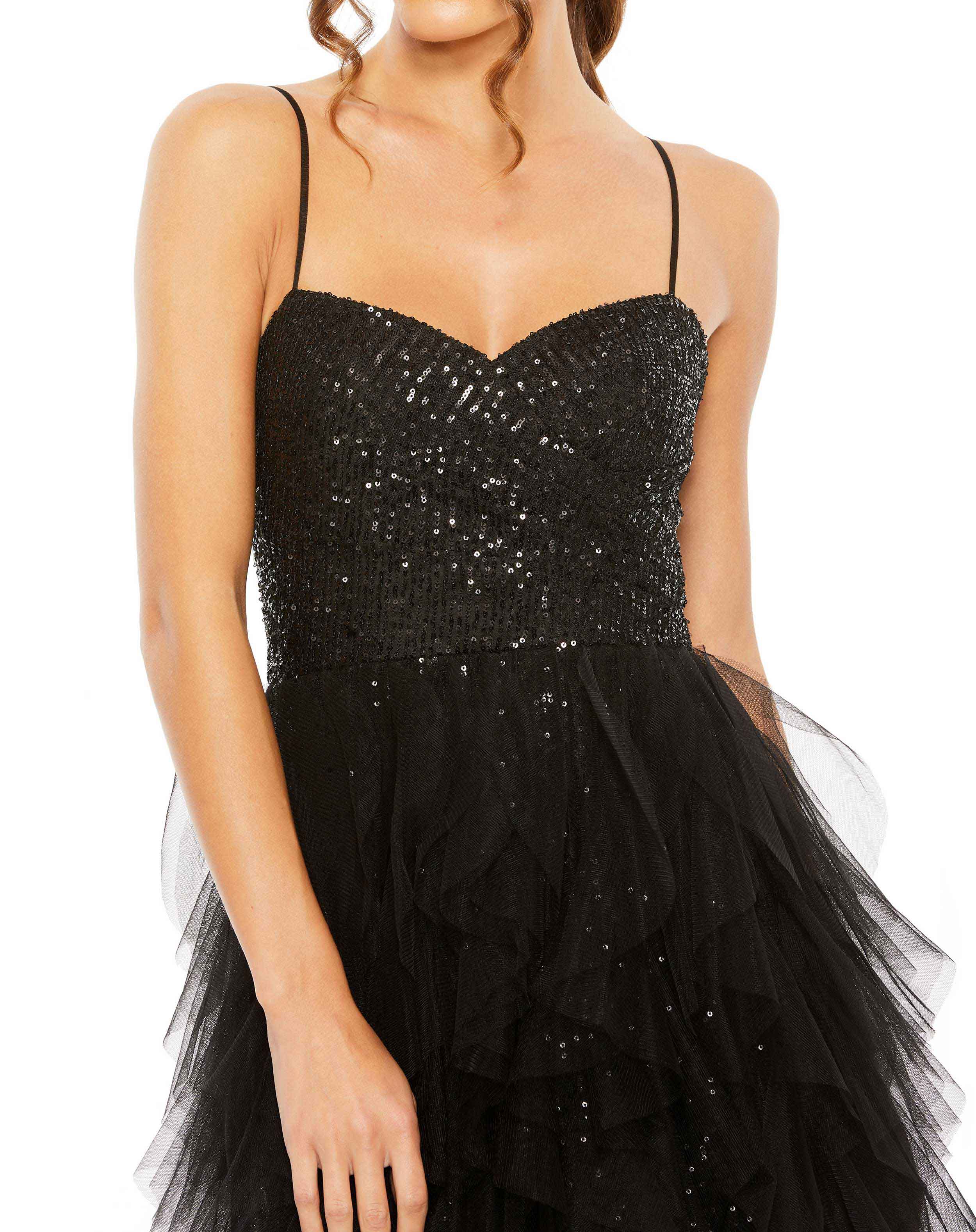 Sequin Mini with High Low Ruffle Tiered Train