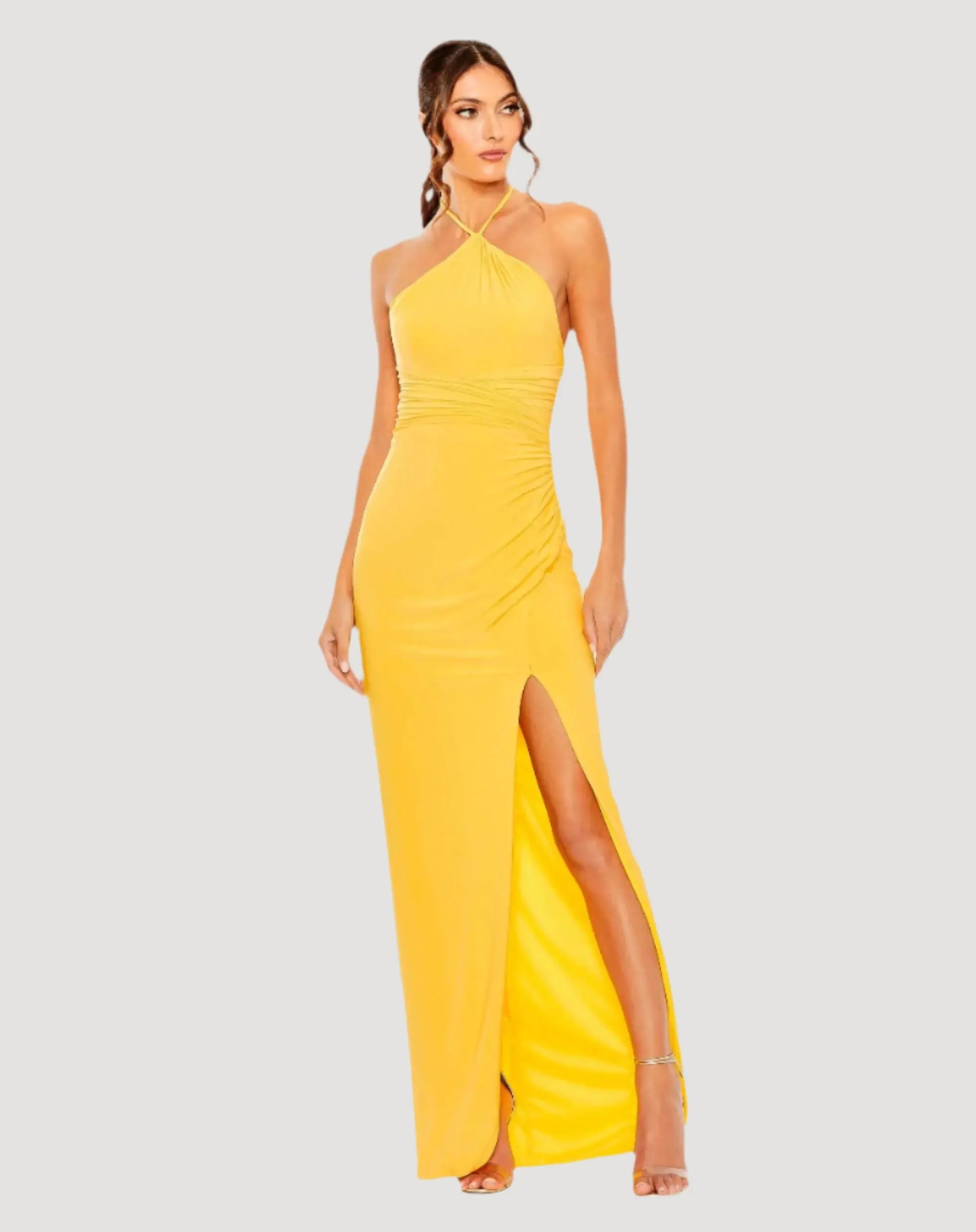 Mac Duggal Jersey Column Bright Yellow Prom Dress Mac Duggal Jersey Column Bright Yellow Prom Dress