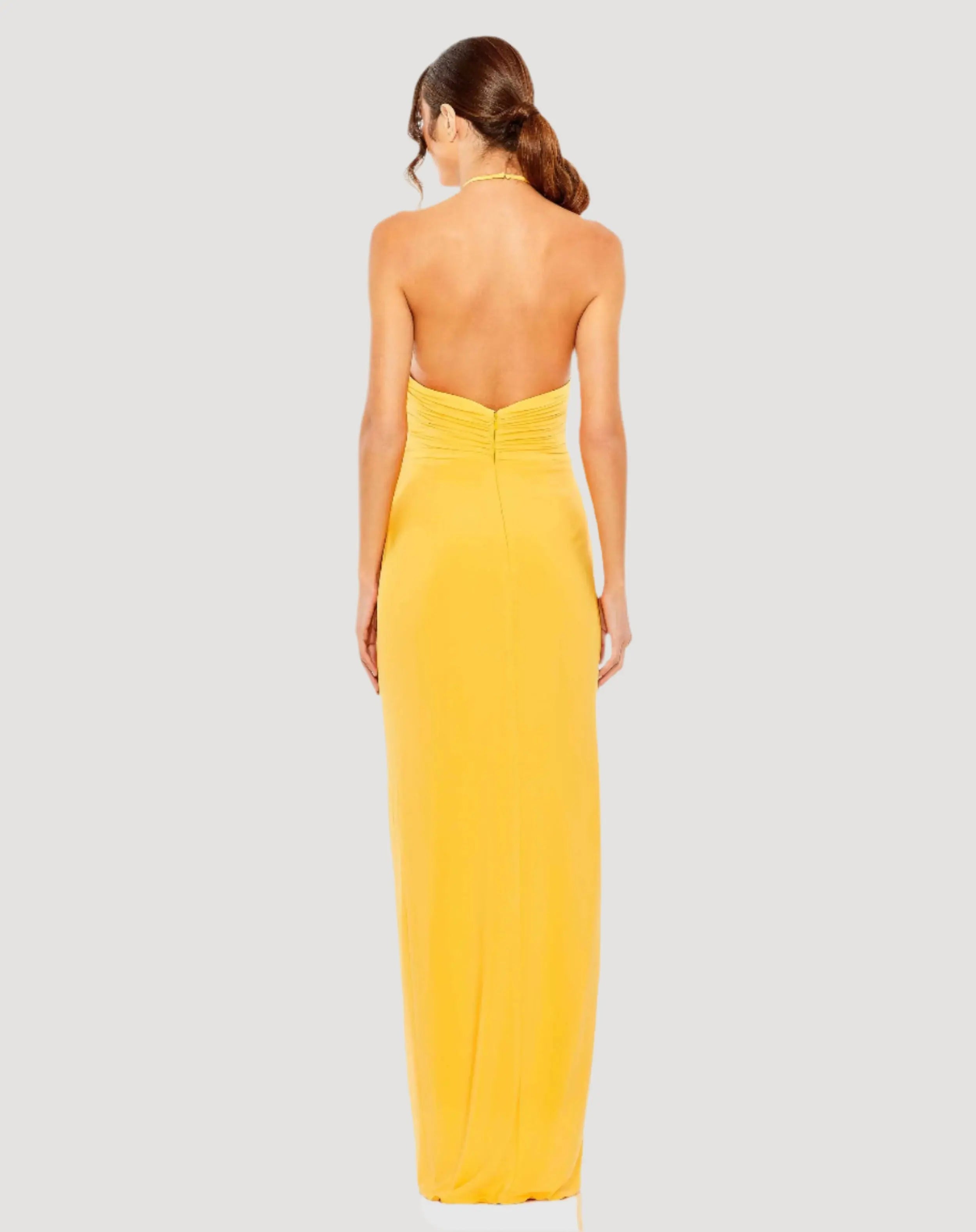 Yellow Halter Neck Ruched Side Front Slit Gown - Mac Duggal