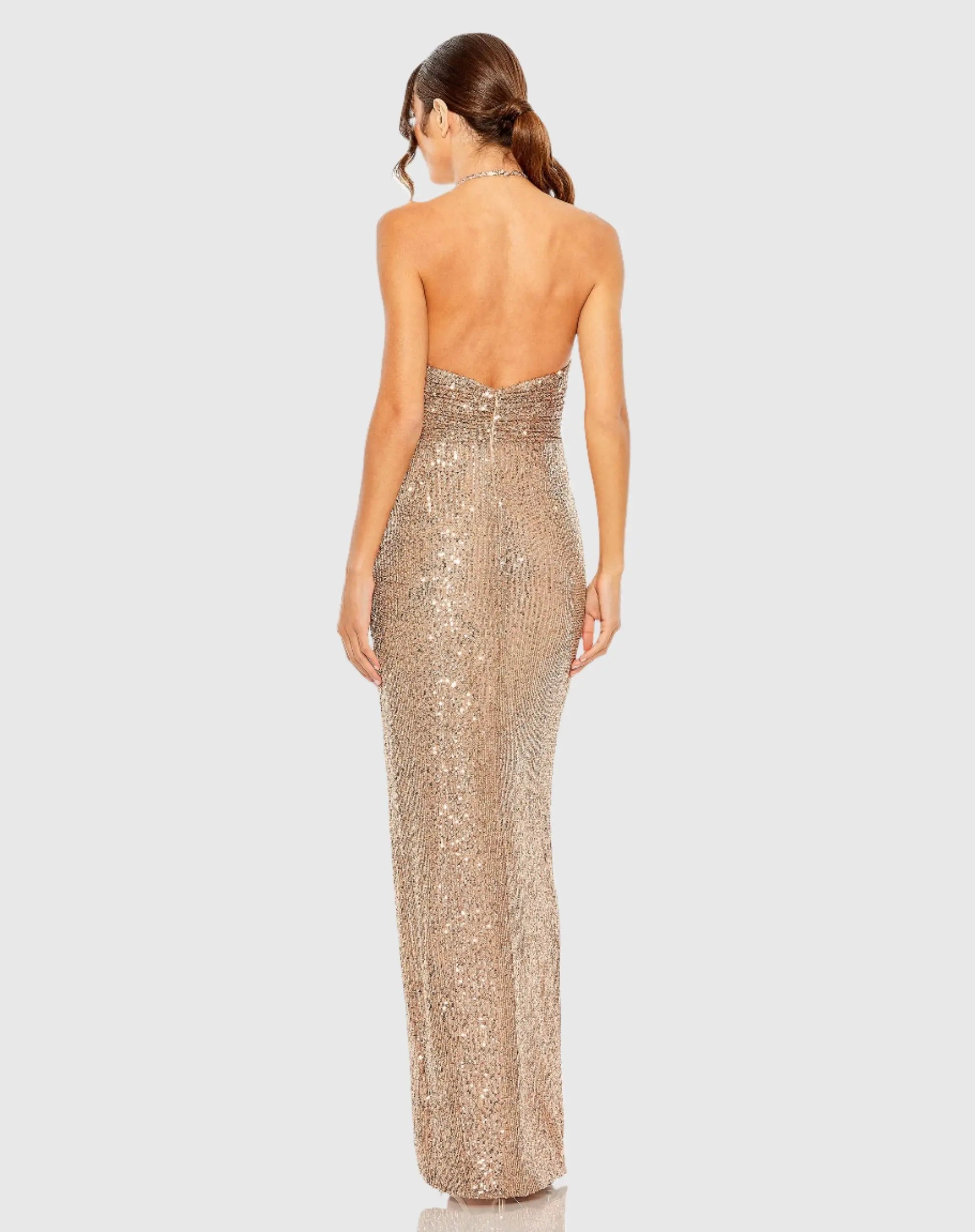 Gold One Shoulder Ruched Side Front Slit Sequin Gown - Mac Duggal