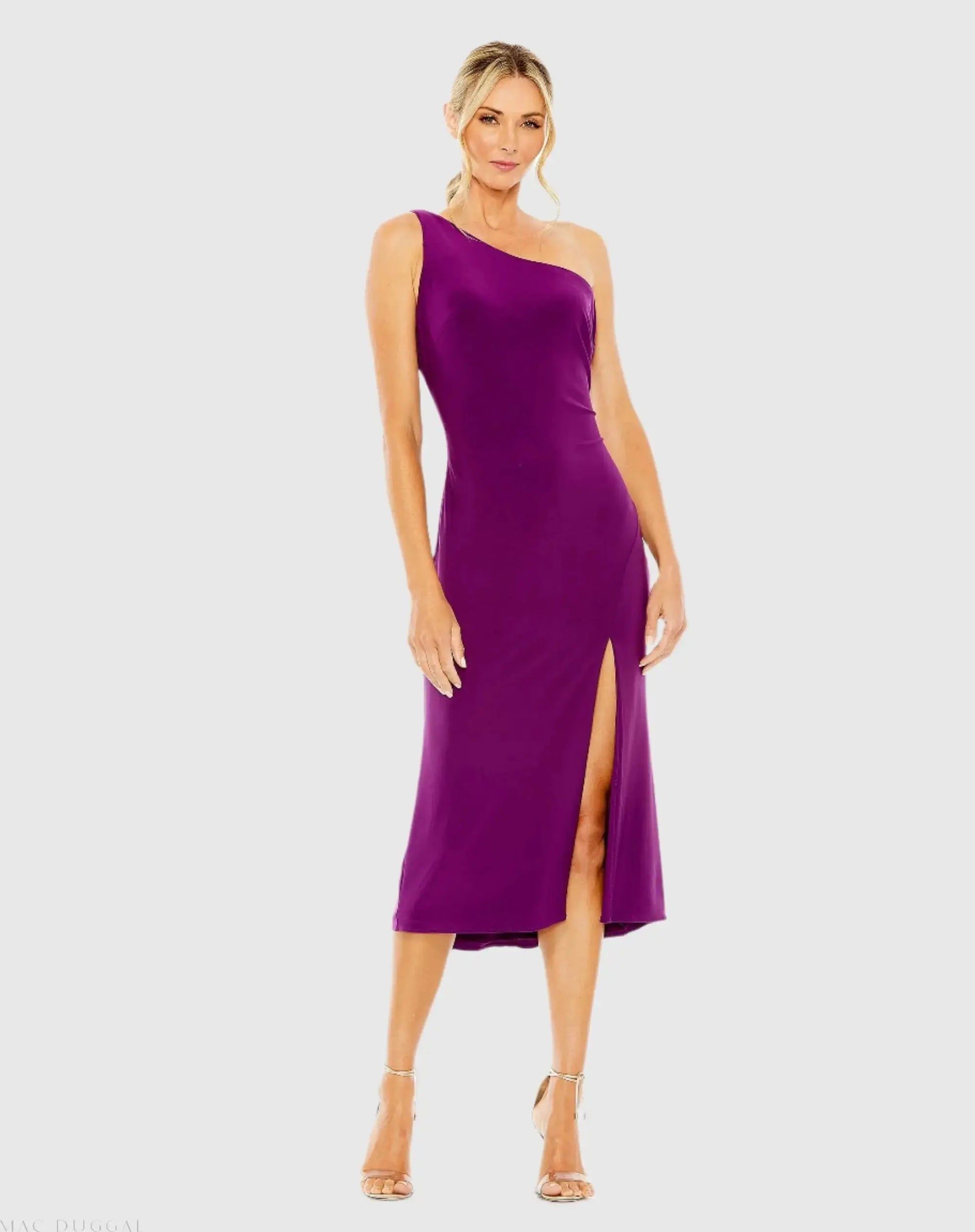 Purple One Shoulder Cowl Back Jersey Midi Dress - Ieena for Mac Duggal