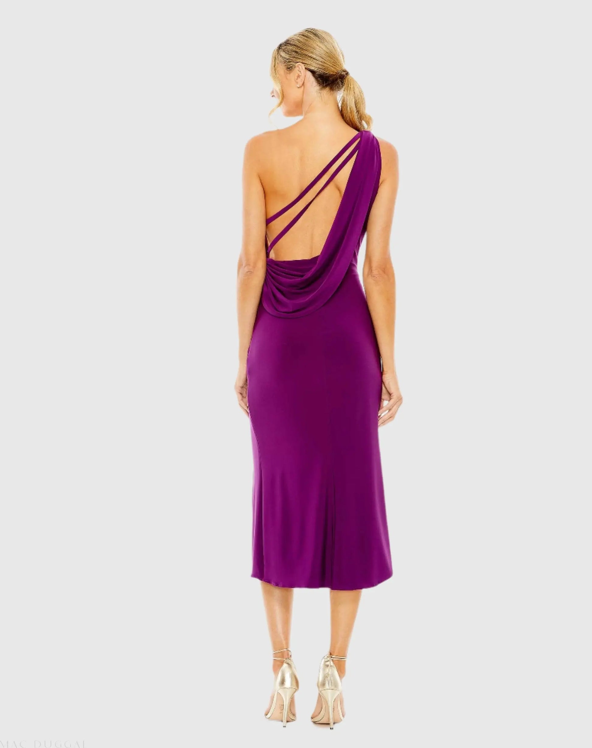 Mac Duggal - One Shoulder Cowl Back Jersey Midi Dress - Purple Mac Duggal - One Shoulder Cowl Back Jersey Midi Dress - Purple