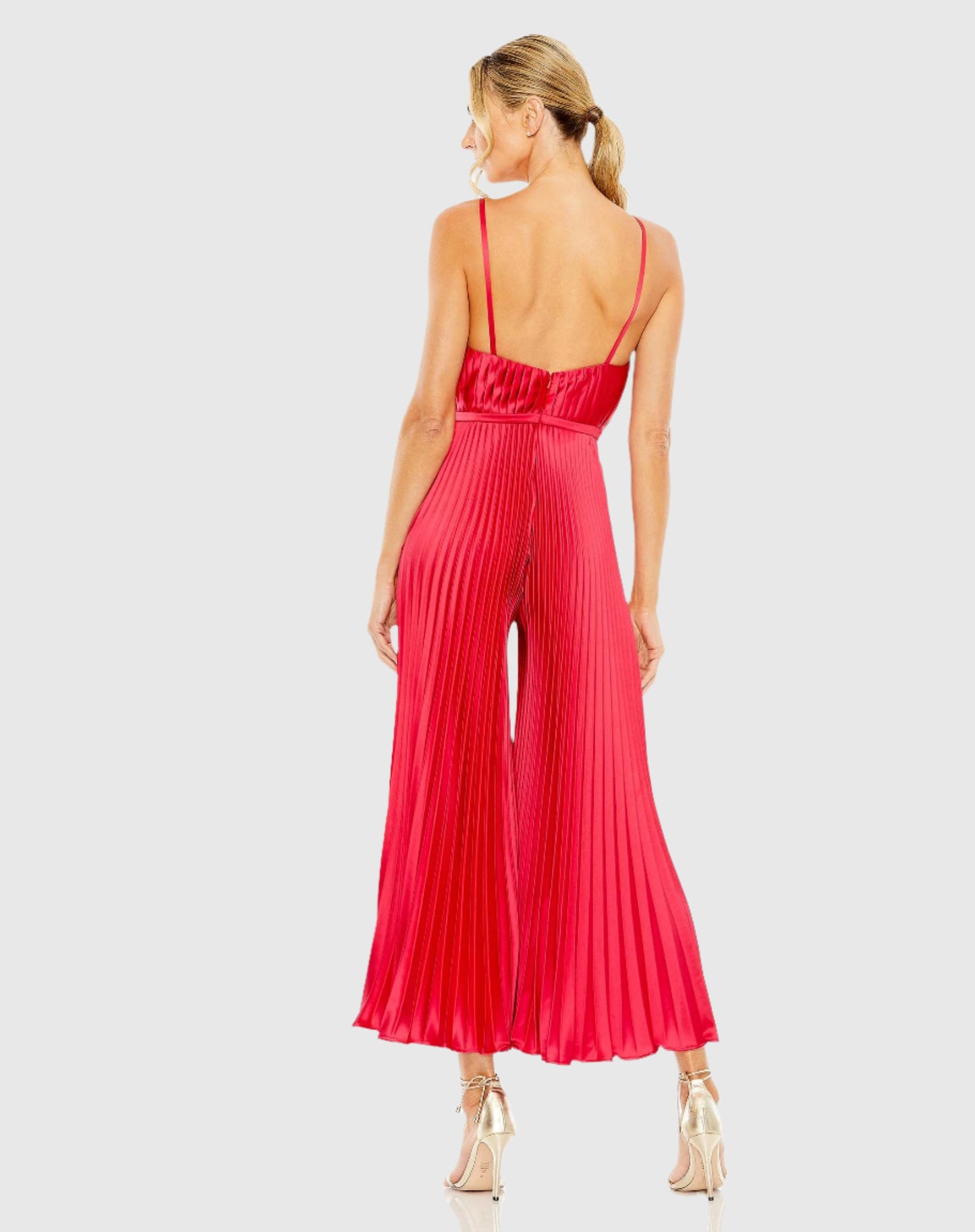 Cropped Pleated V-Neck Wide Leg Jumpsuit