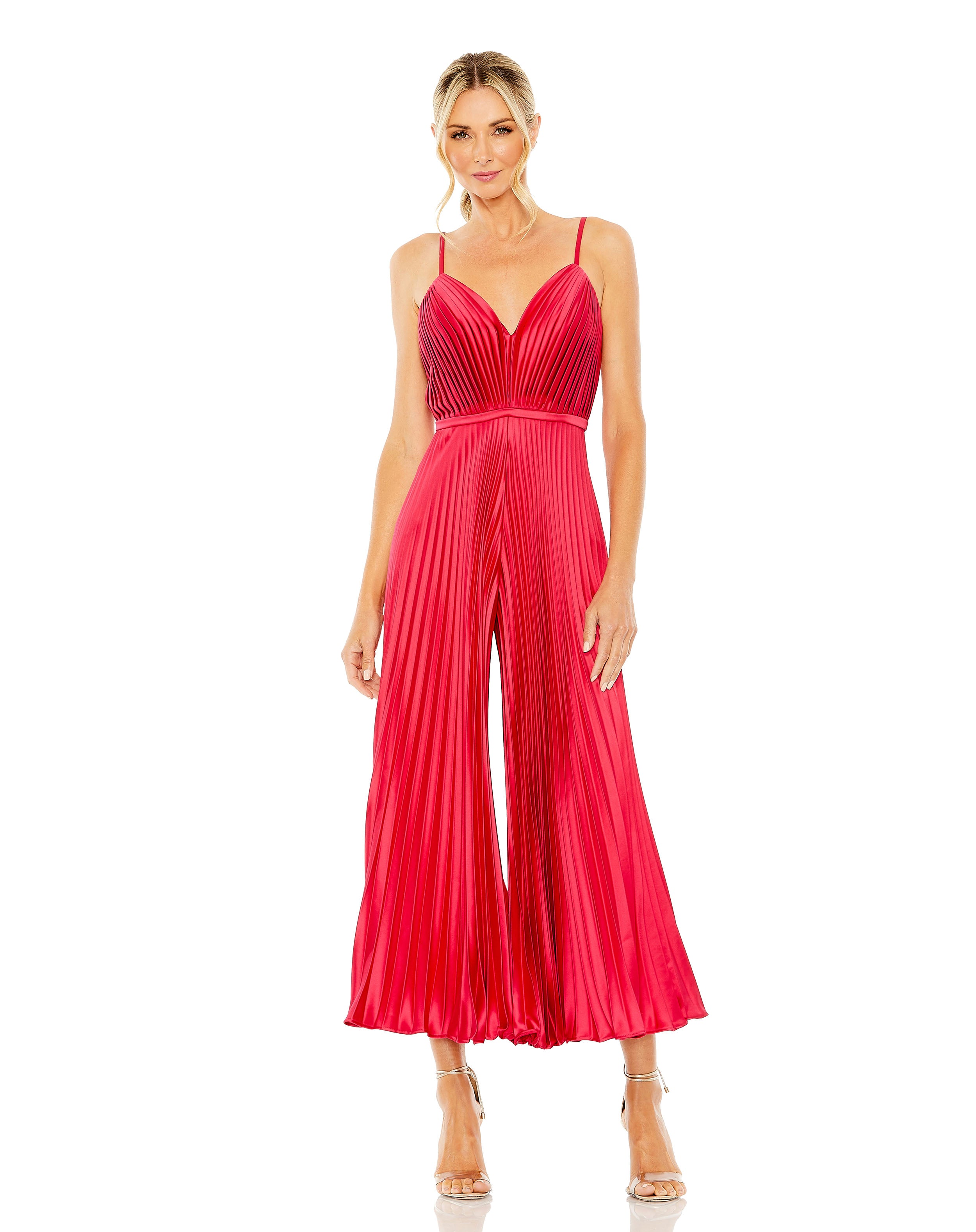 Cropped Pleated V-Neck Wide Leg Jumpsuit