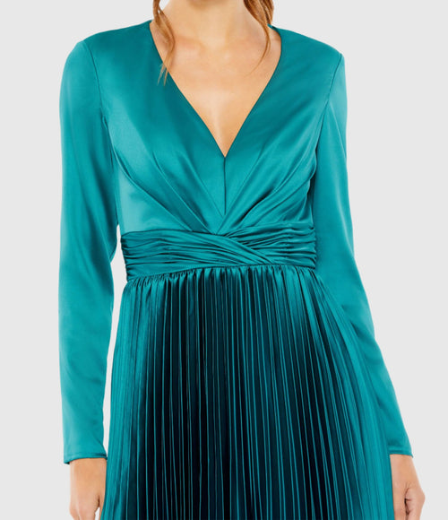 Pleated Long Sleeve V-Neck Dress