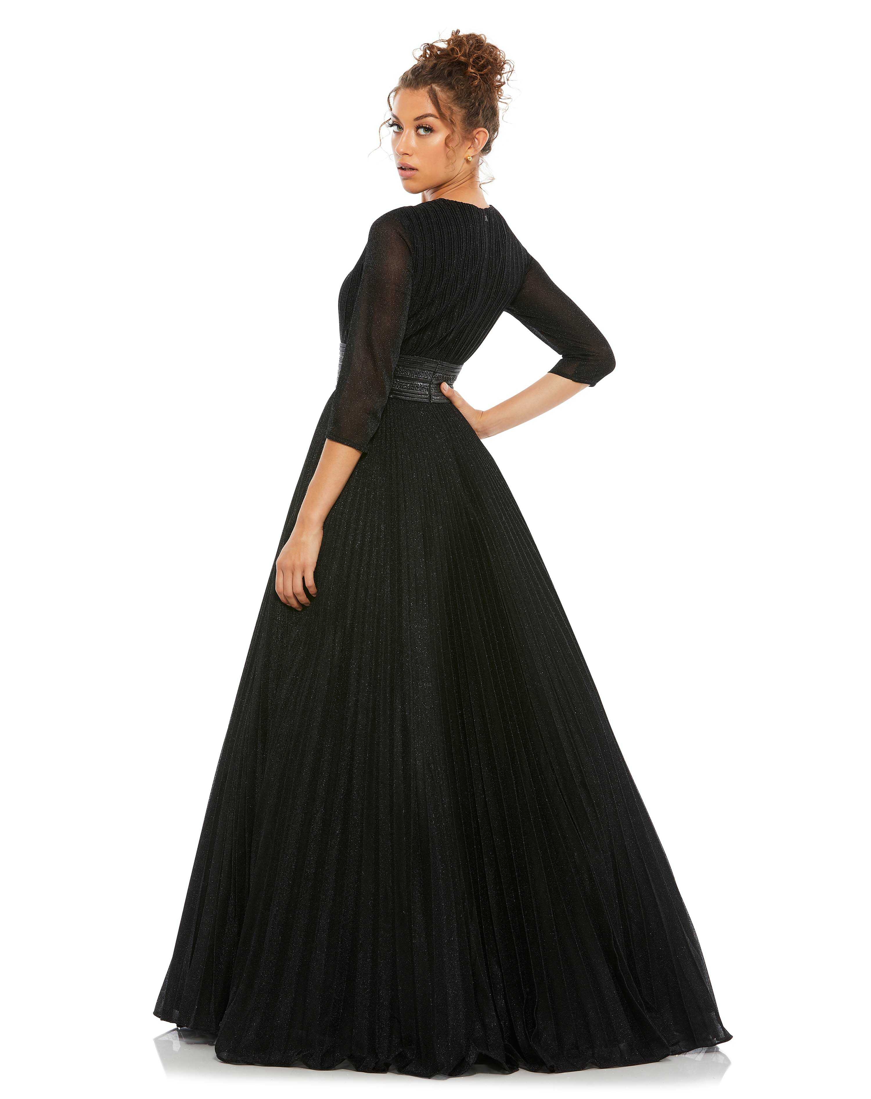 Shimmering Pleated A-Line 3/4 Sleeve Gown