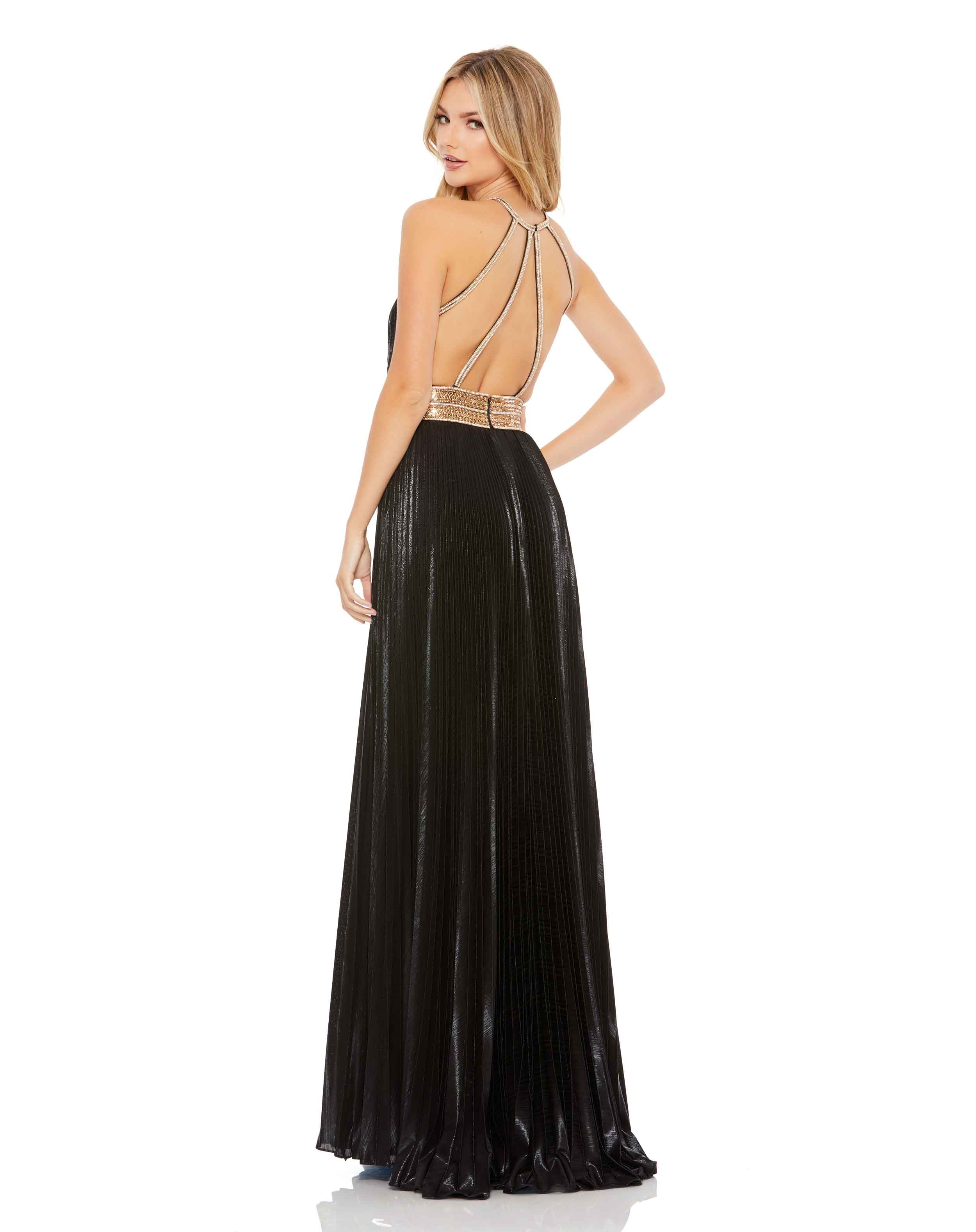 Pleated Embellished Halter Open Back Gown