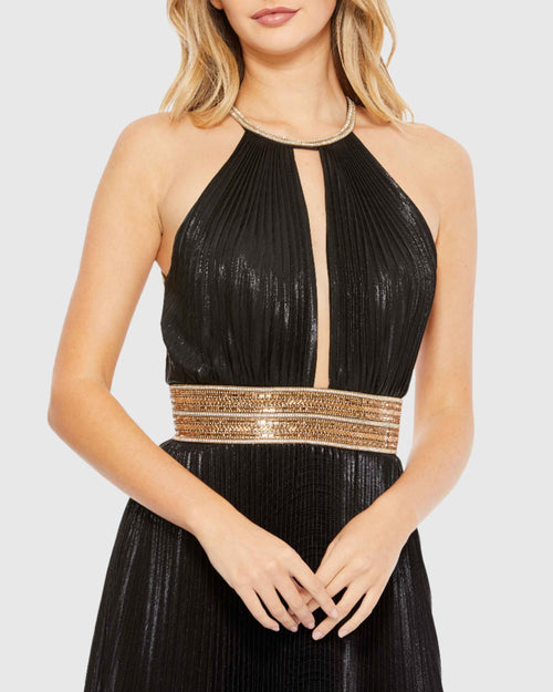 Pleated Embellished Halter Open Back Gown