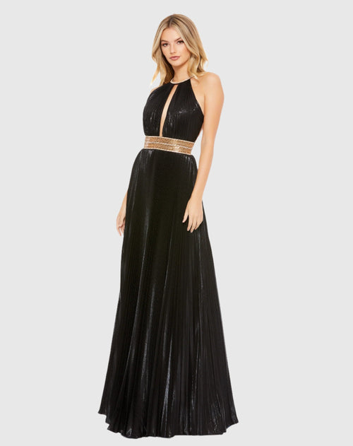 Pleated Embellished Halter Open Back Gown