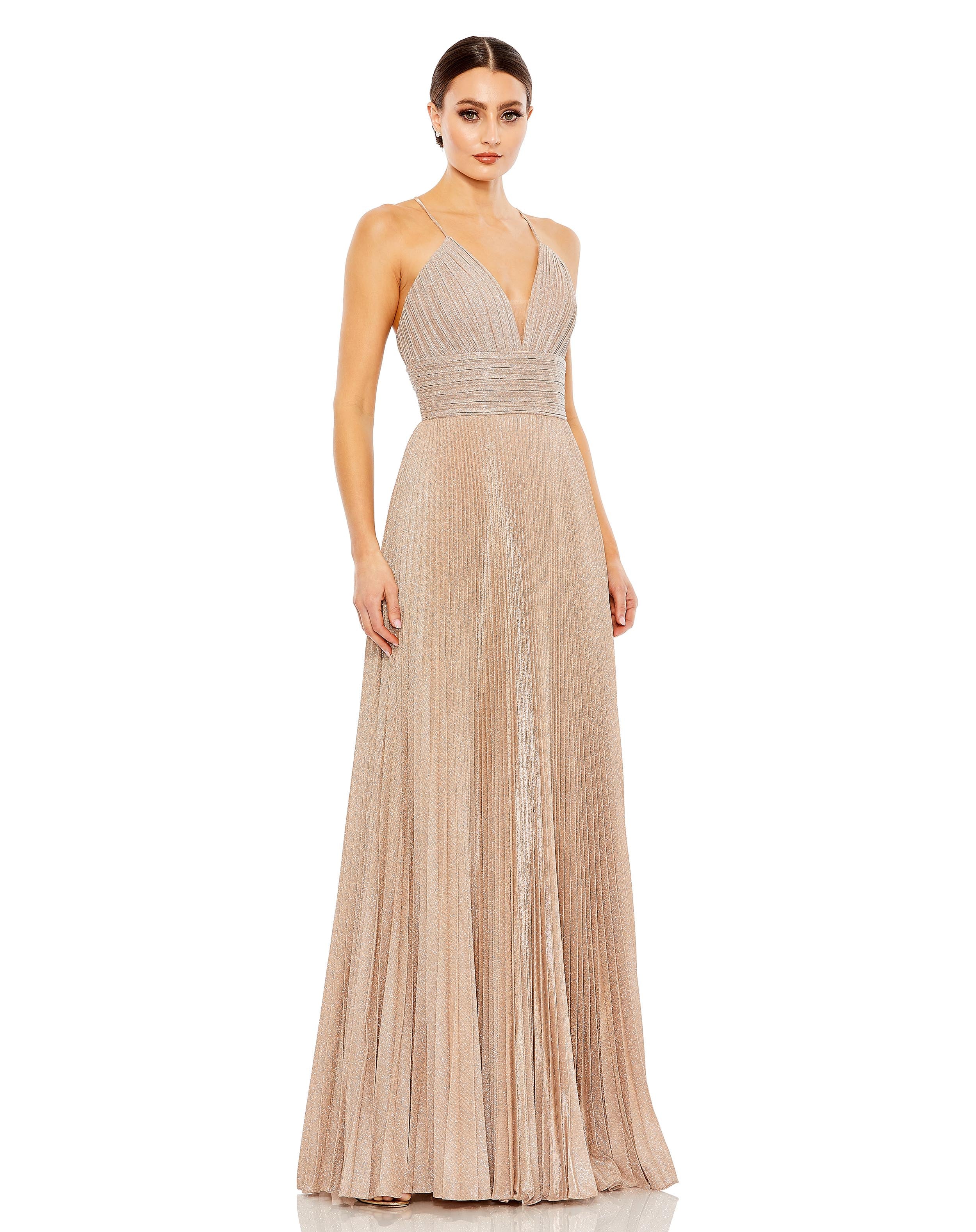 Shimmer Pleated V neck Gown