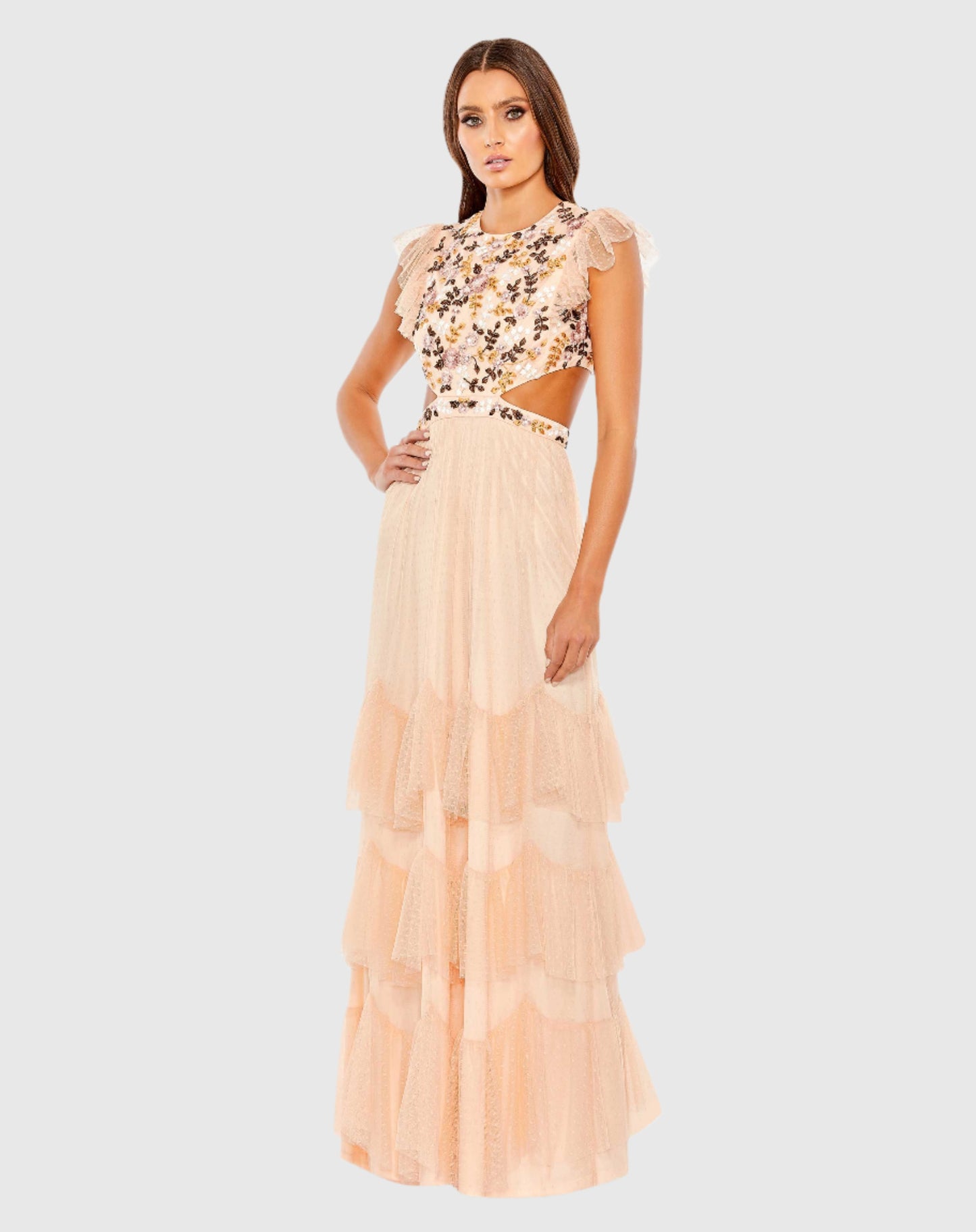 Embroidered Bodice Cap Sleeve Ruffle Tiered Gown