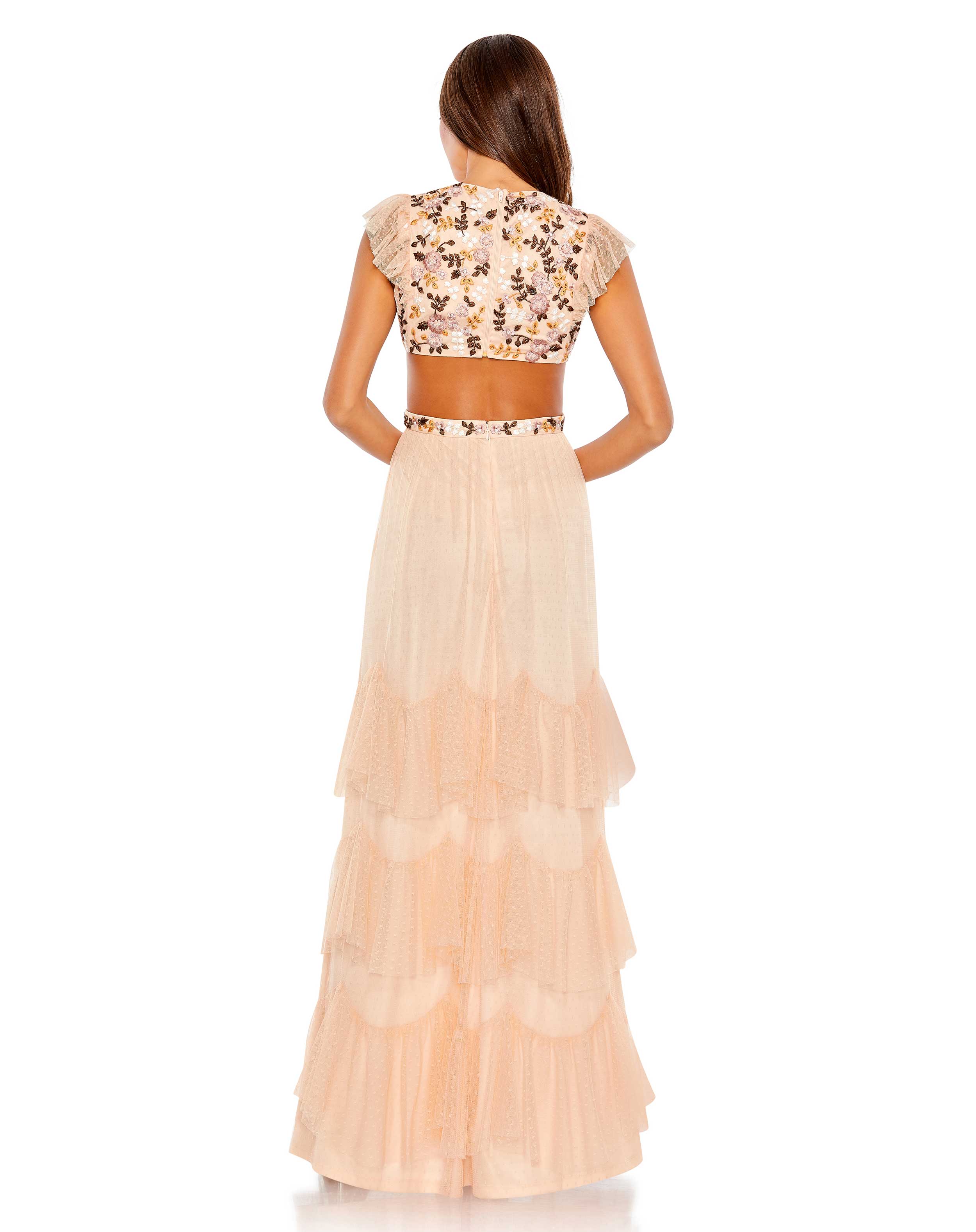 Embroidered Bodice Cap Sleeve Ruffle Tiered Gown