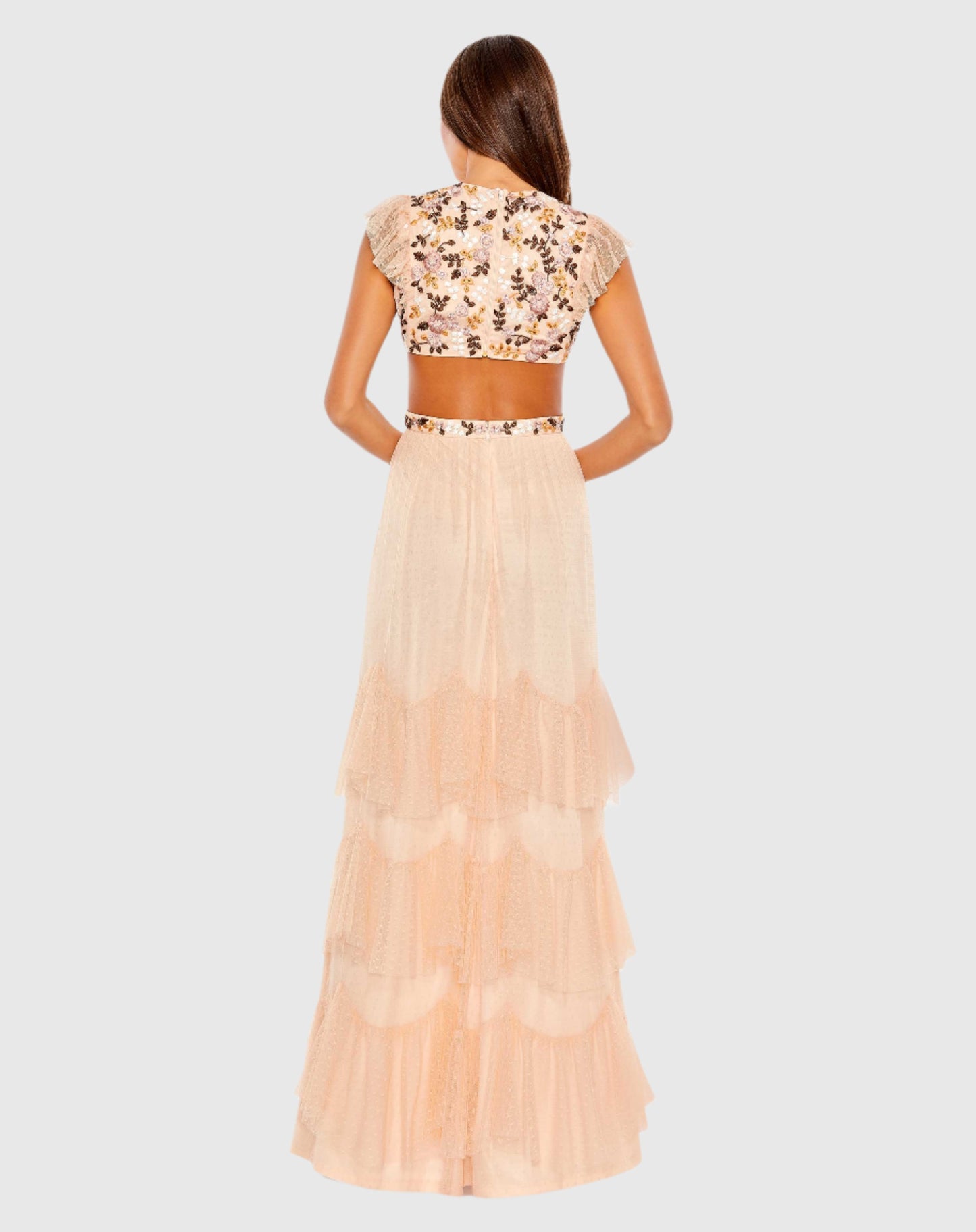 Embroidered Bodice Cap Sleeve Ruffle Tiered Gown