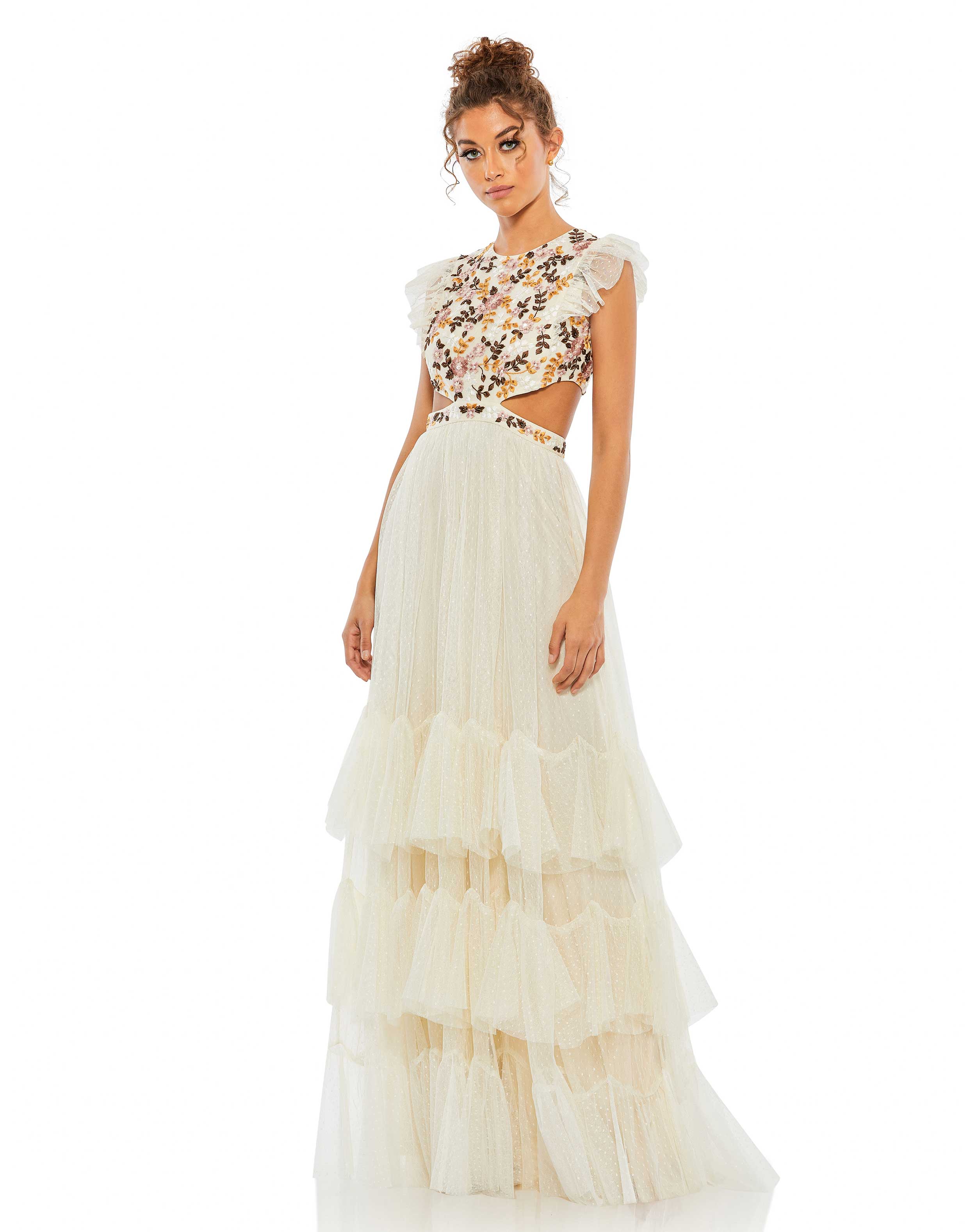 Embroidered Bodice Cap Sleeve Ruffle Tiered Gown