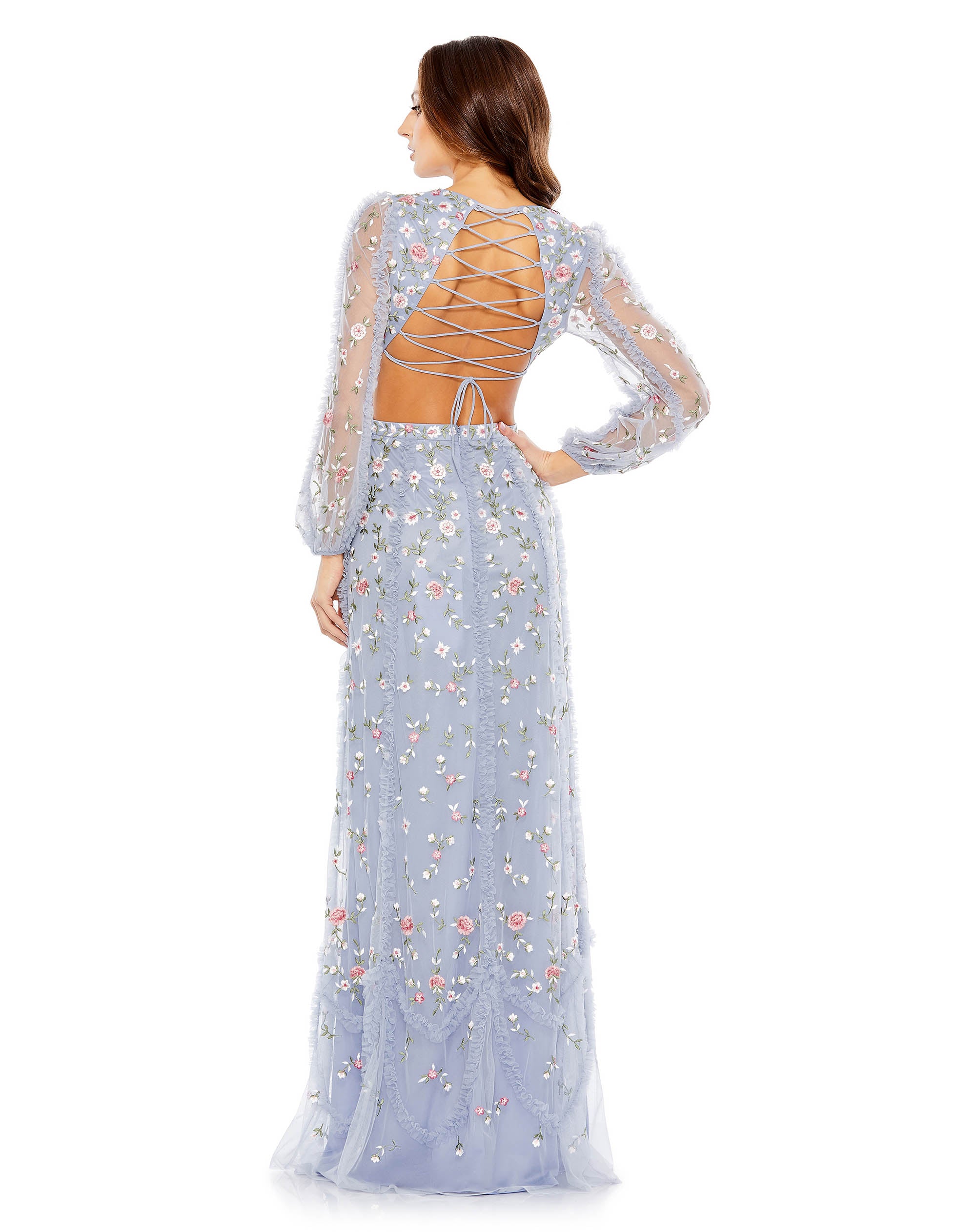 Long Sleeve Embellished Cut Out A-Line Gown