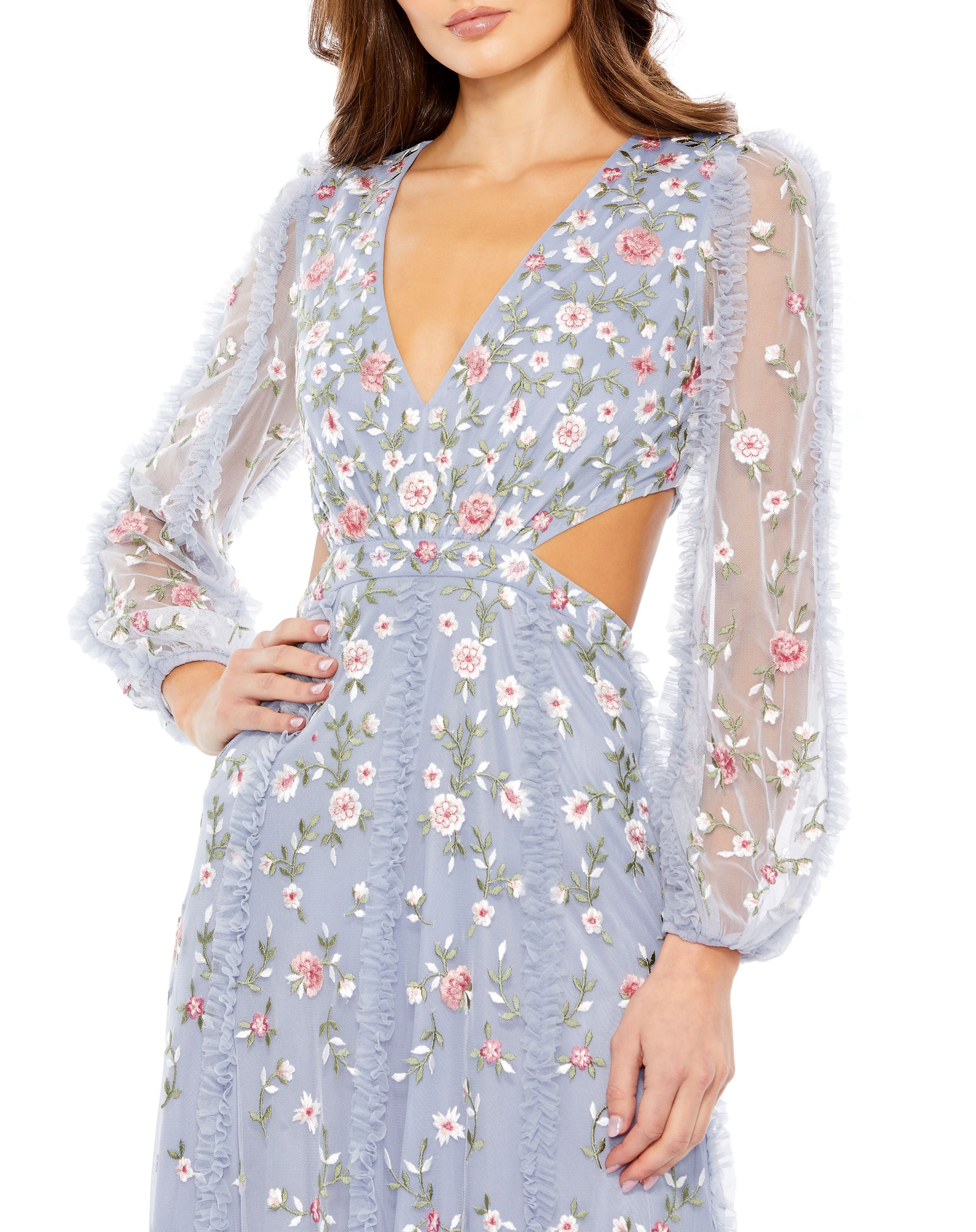 Long Sleeve Embellished Cut Out A-Line Gown