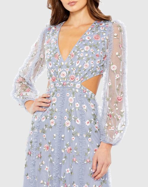 Long Sleeve Embellished Cut Out A-Line Gown