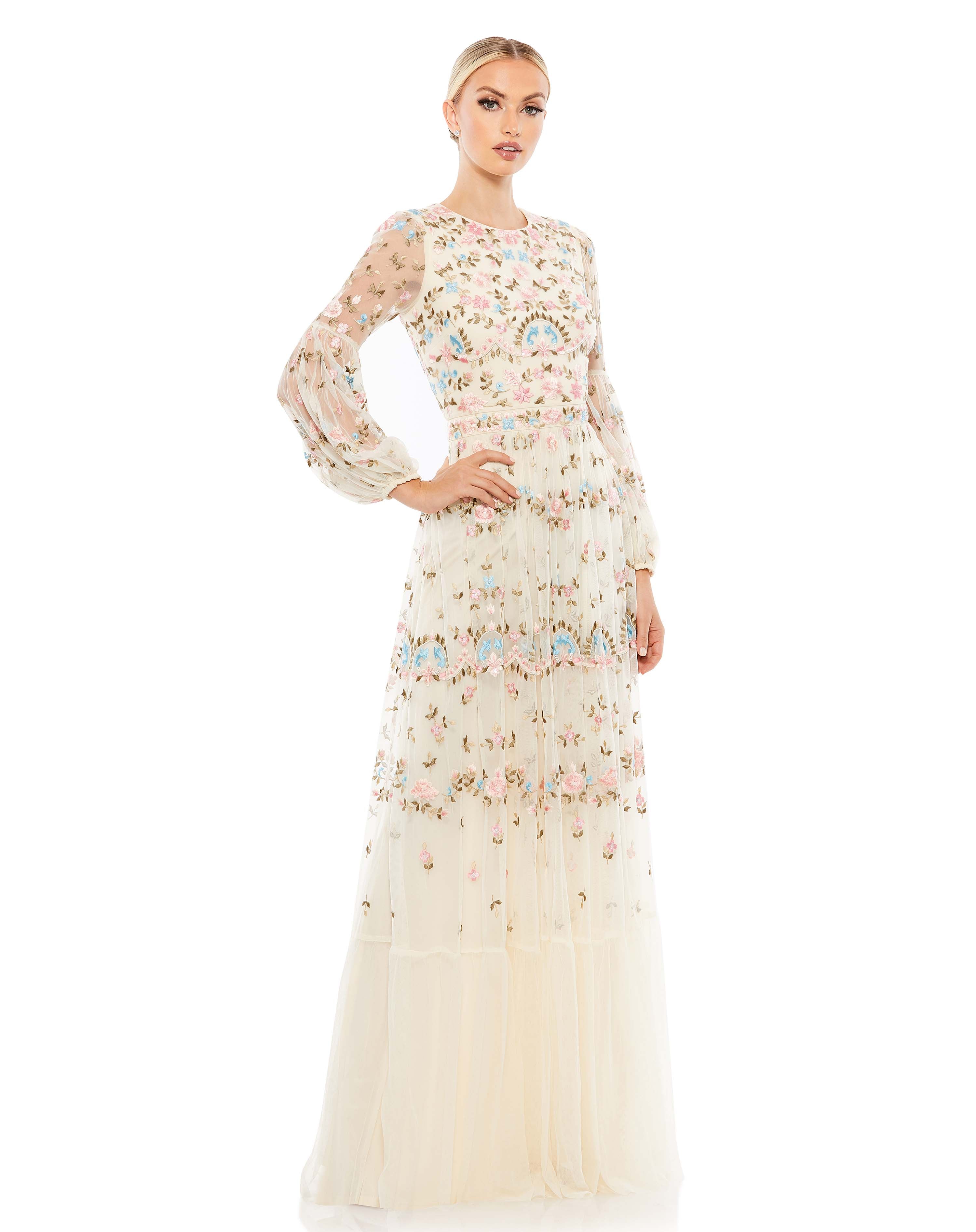 Embroidered Blouson Sleeve Gown